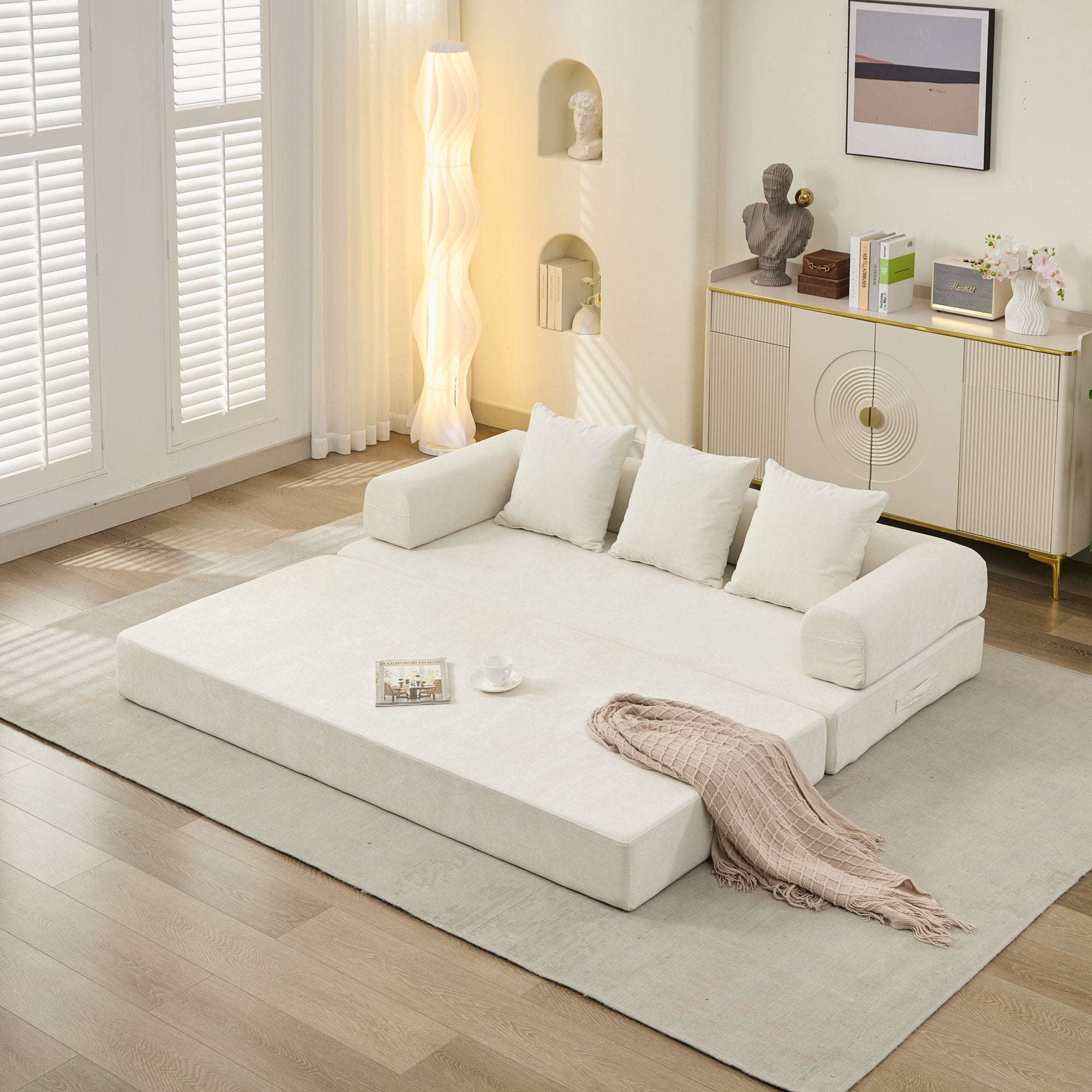 Comfy Convertible Folding Mattress Couch, Floor Sofa Bed, Chenille Floor Sofa with Armrest, Floor Sofa Lounge Couch for Living Room Bedroom Lounge Studio-Beige - Grand Goldman Shop