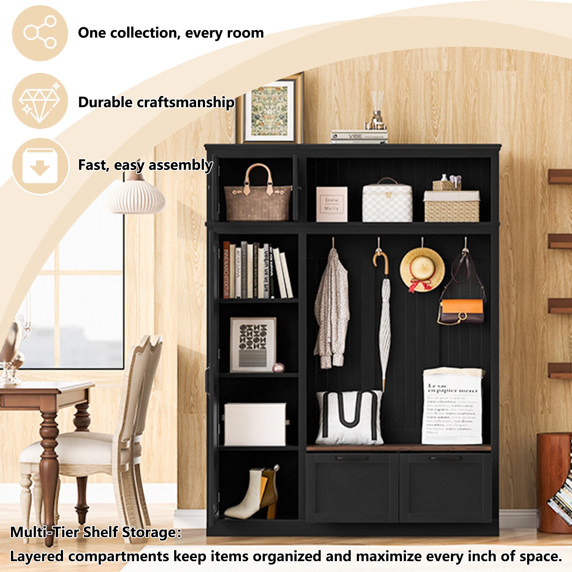 3-in-1 Hall Tree with Overhead Storage Cabinet, 3 Adjustable Side Shelves, 4 Heavy-Duty Hooks, 2 Spacious Drawers, Grooved Back Panel Design, Contrasting Seat Bench, Multifunctional Entryway Organizer - Grand Goldman Shop