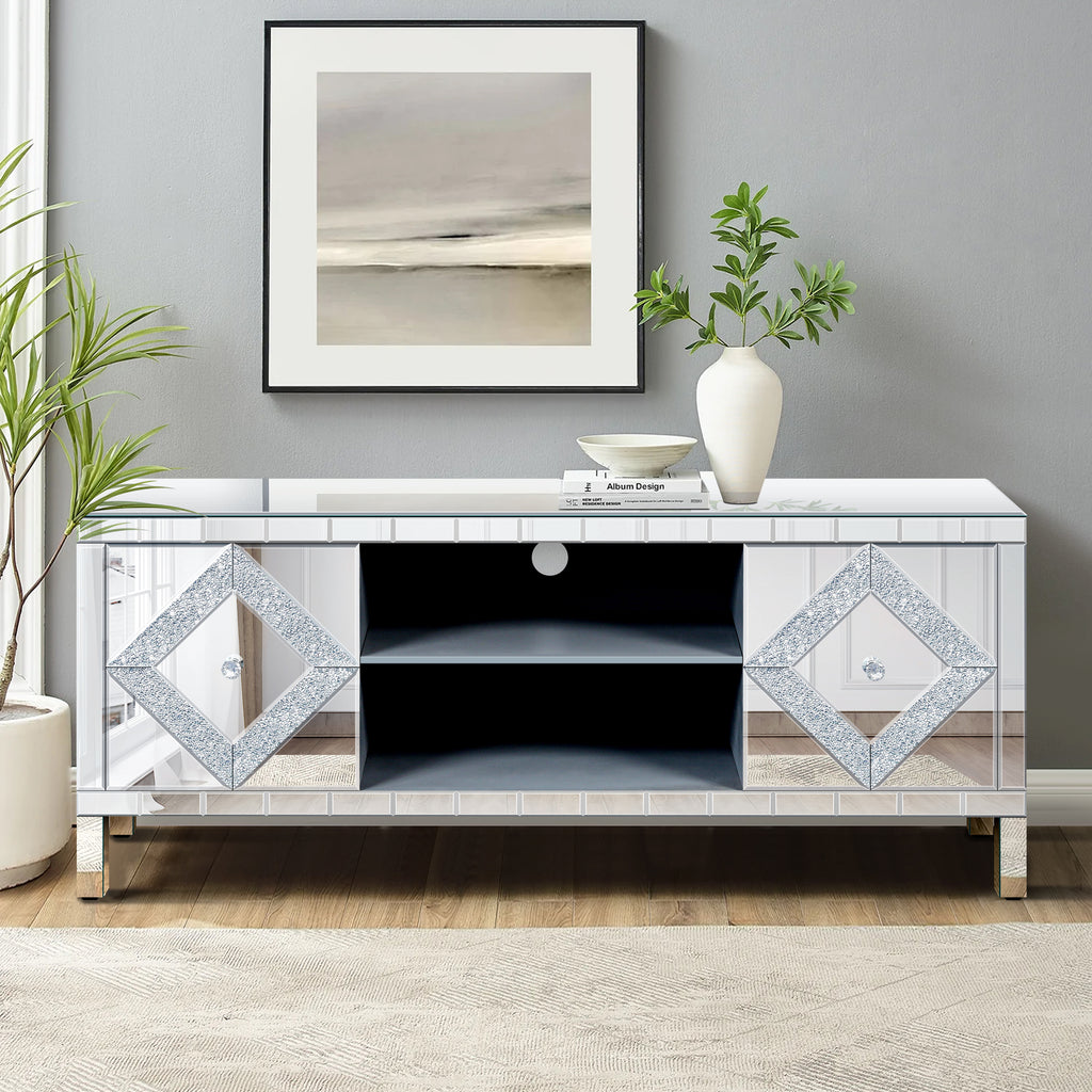 Mirrored TV Stand for 65+ inch TV,Sliver TV Console Table with Open Storage & 2 Storage Cabinets ,Diamond Shape Sparkling Mirror Doors for Living Room(59''W x 25.2''H x 15.7D) - Grand Goldman Shop