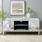 Mirrored TV Stand for 65+ inch TV,Sliver TV Console Table with Open Storage & 2 Storage Cabinets ,Diamond Shape Sparkling Mirror Doors for Living Room(59''W x 25.2''H x 15.7D) - Grand Goldman Shop
