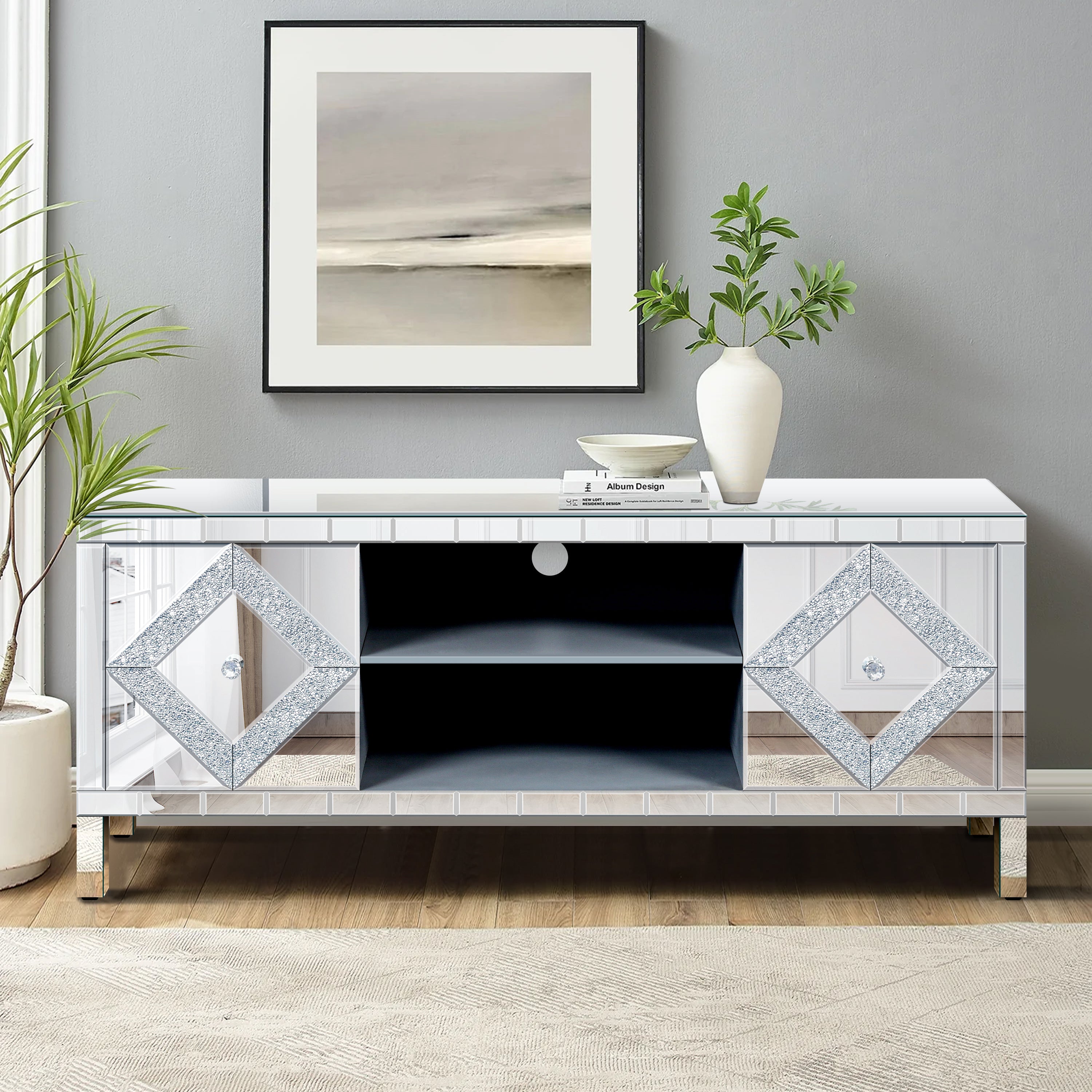 Mirrored TV Stand for 65+ inch TV,Sliver TV Console Table with Open Storage & 2 Storage Cabinets ,Diamond Shape Sparkling Mirror Doors for Living Room(59''W x 25.2''H x 15.7D) - Grand Goldman Shop
