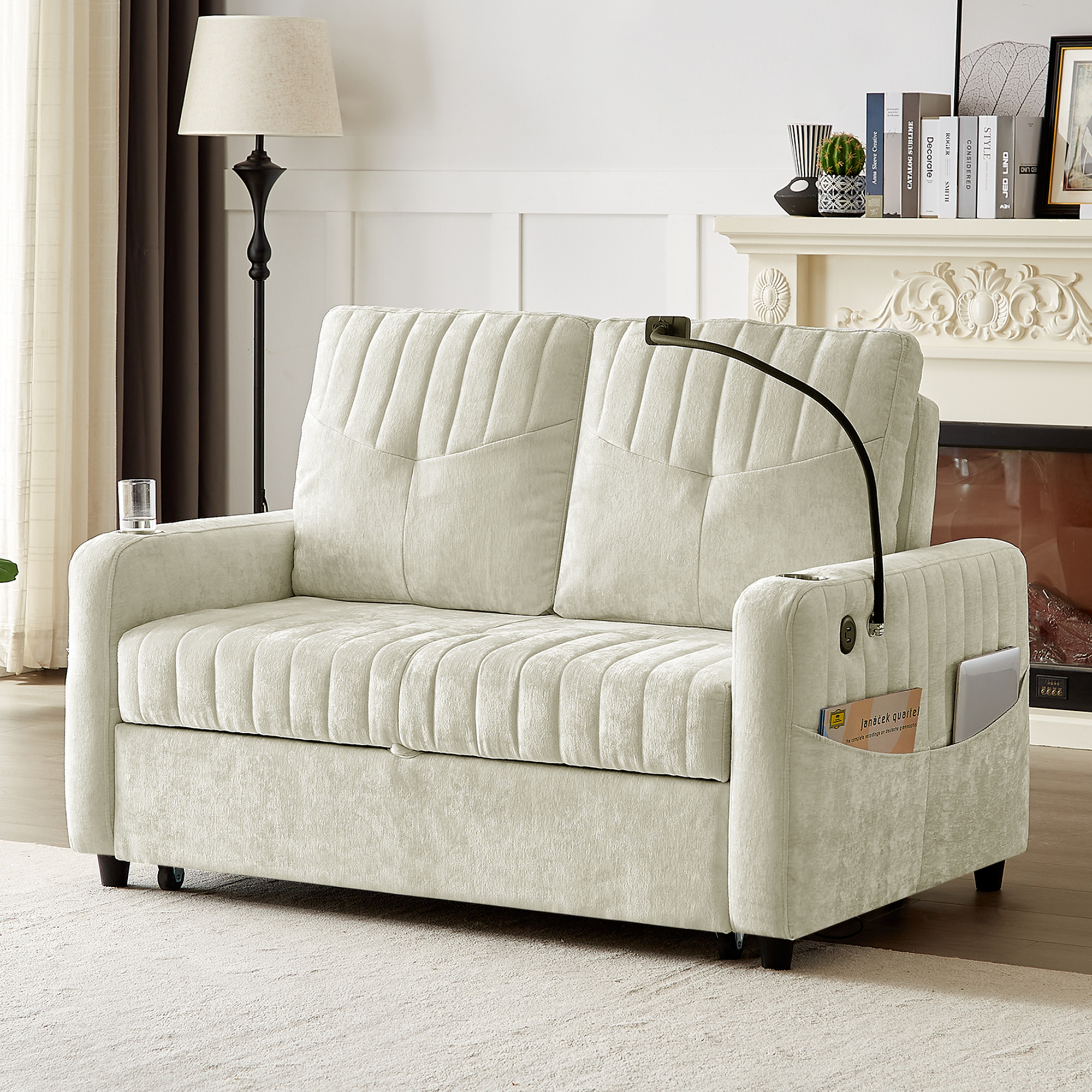 Modern 53.9' Loveseat Pull-out Sofa Bed with Adjustable Backrest, Cup Holders, Charging Ports & Side Storage in Beige Chenille - Grand Goldman Shop