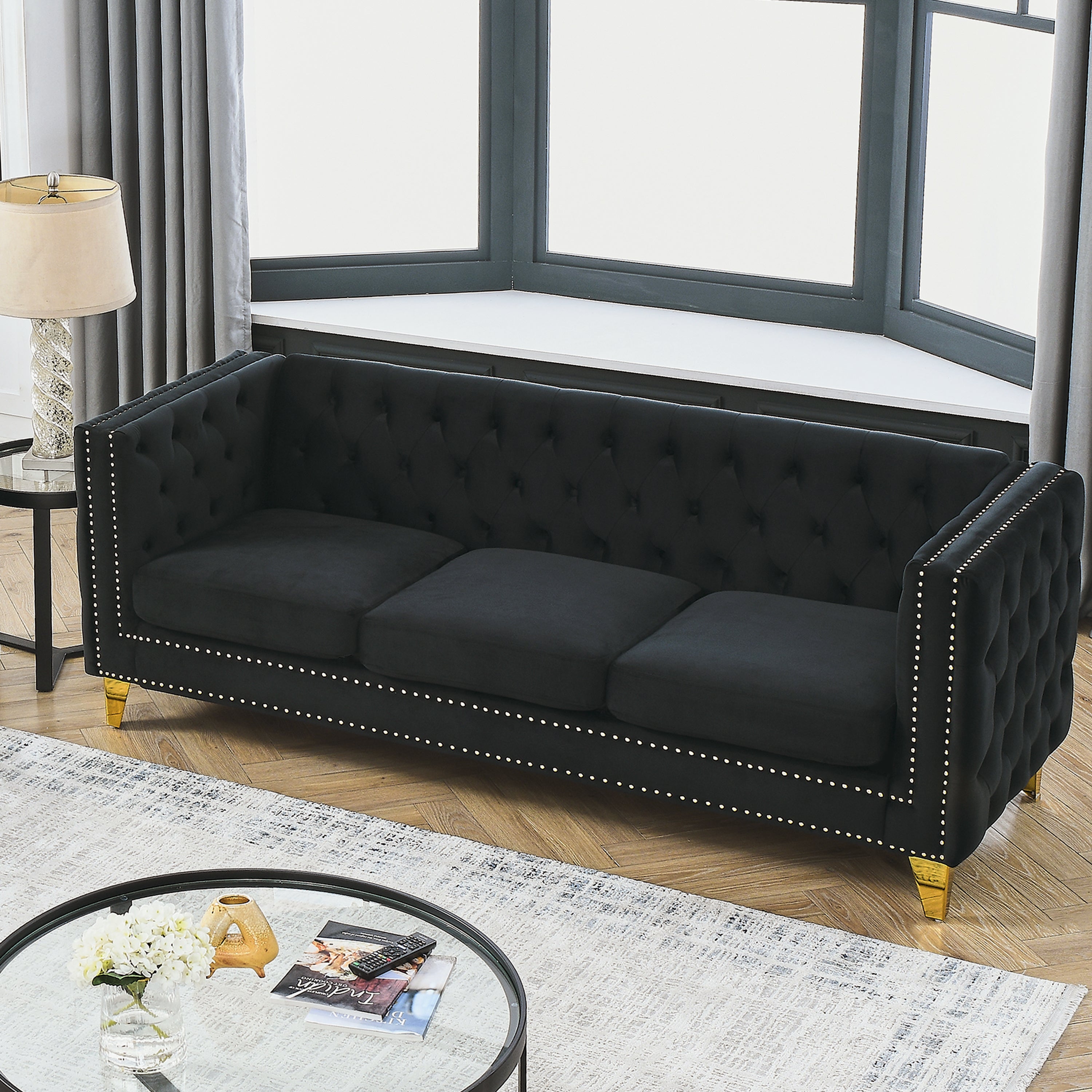 Modern Black Velvet Sofa with Button Tufting and Metal Legs, 3-Seater Couch for Living Room or Bedroom, Upholstered in Soft Velvet with Solid Wood Frame - Grand Goldman Shop