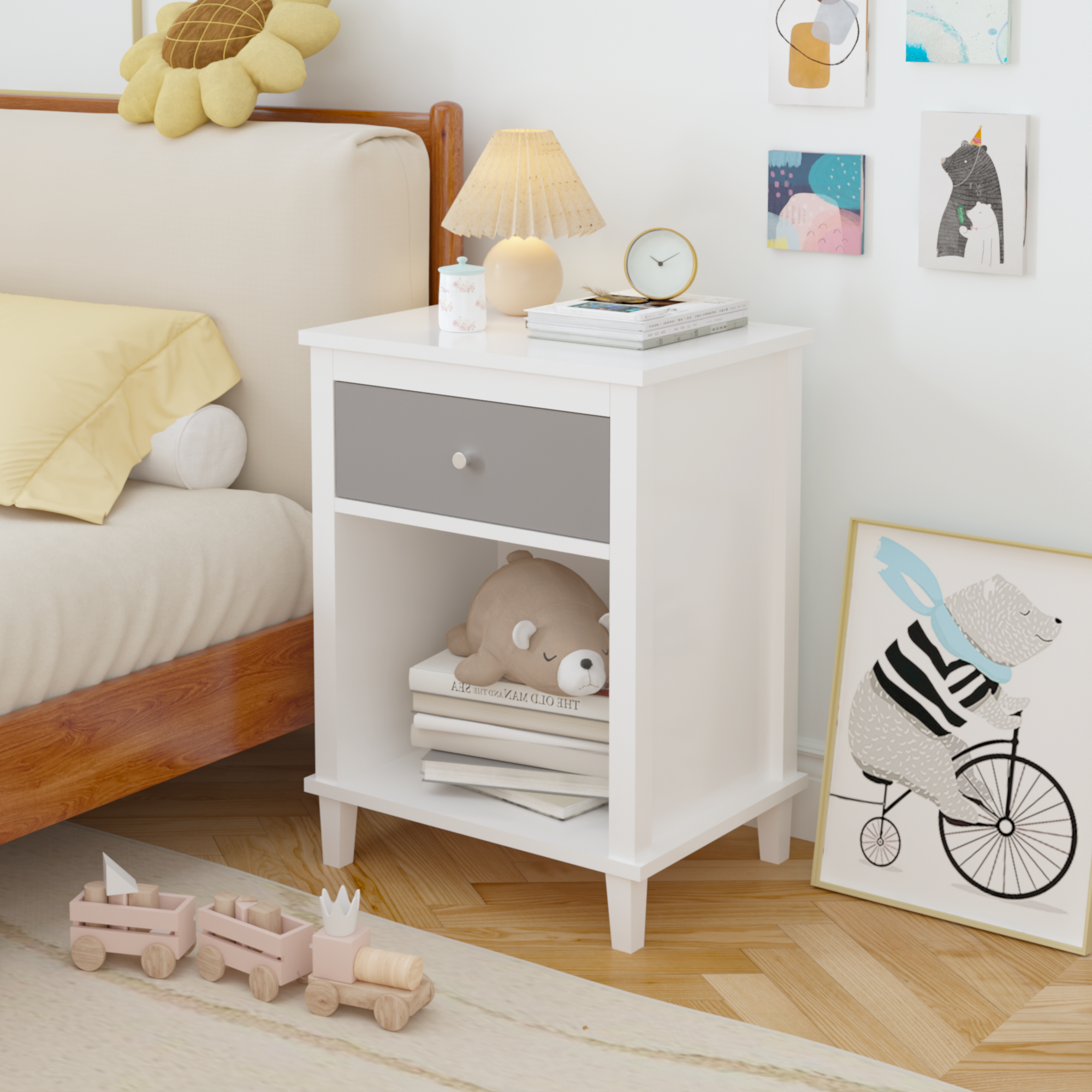 Gray+Silver Handle Wooden Nightstand 26.77''H with One Drawer One Shelf for Kids and Adults, White+Gray Finish MDF - Grand Goldman Shop