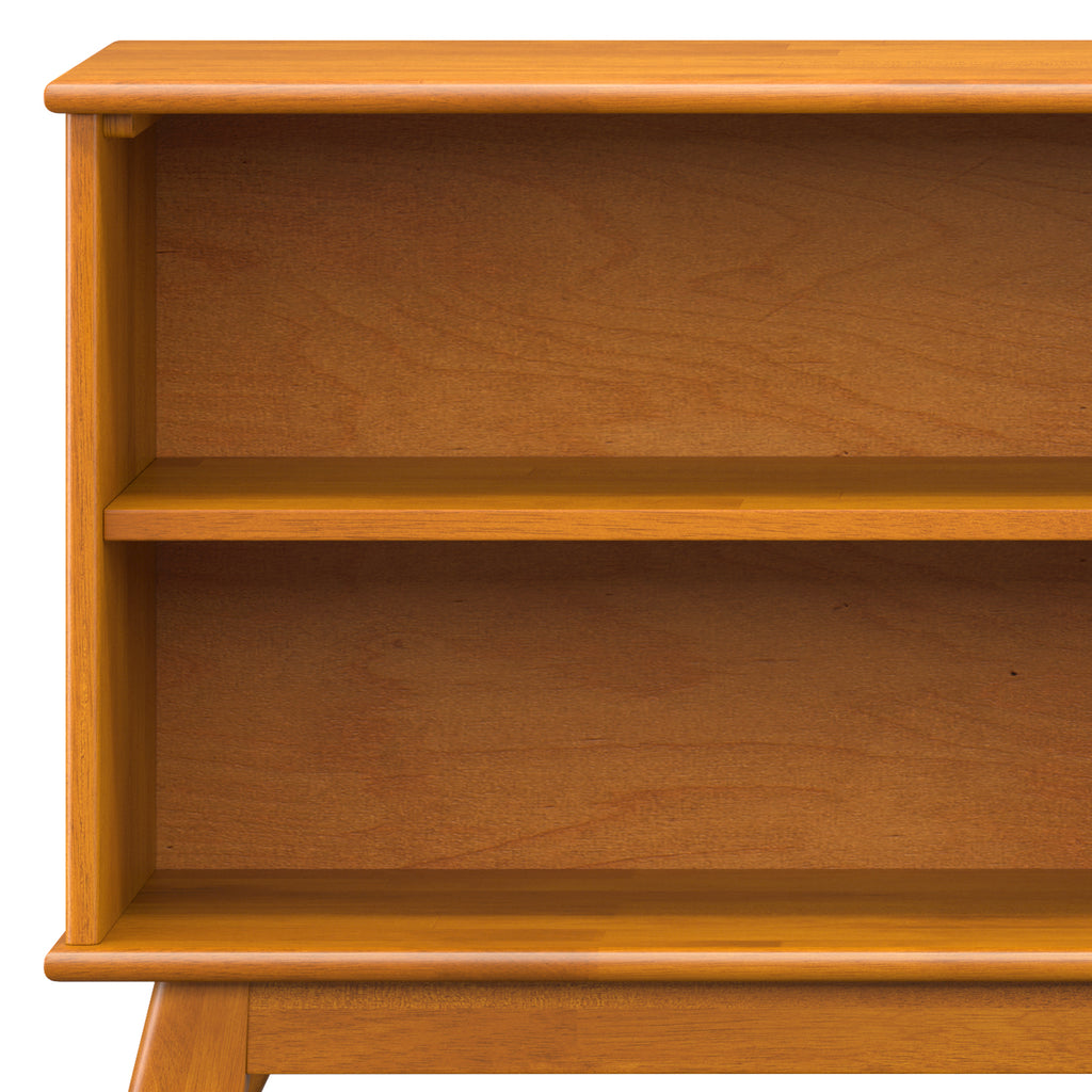 Draper Low Bookcase in Teak Brown: Mid-Century Modern Solid Wood Storage Unit with 4 Open Shelves, 14D x 64W x 30H | Premium 