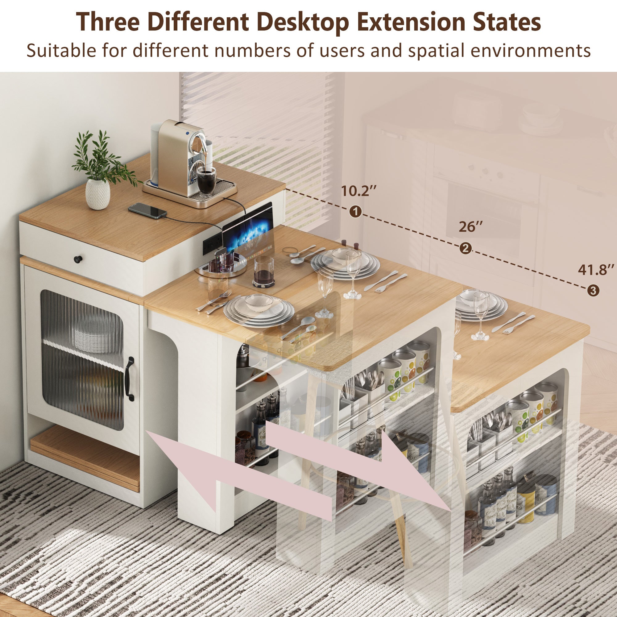 K&K 59.5' Kitchen Island with Extendable Dining Table, Kitchen Storage Table with Double-sided Storage, Kitchen Island with 2 Drawers, Power Outlet, Side Open Shelves, for Kitchen, Dining Room, White - Grand Goldman Shop