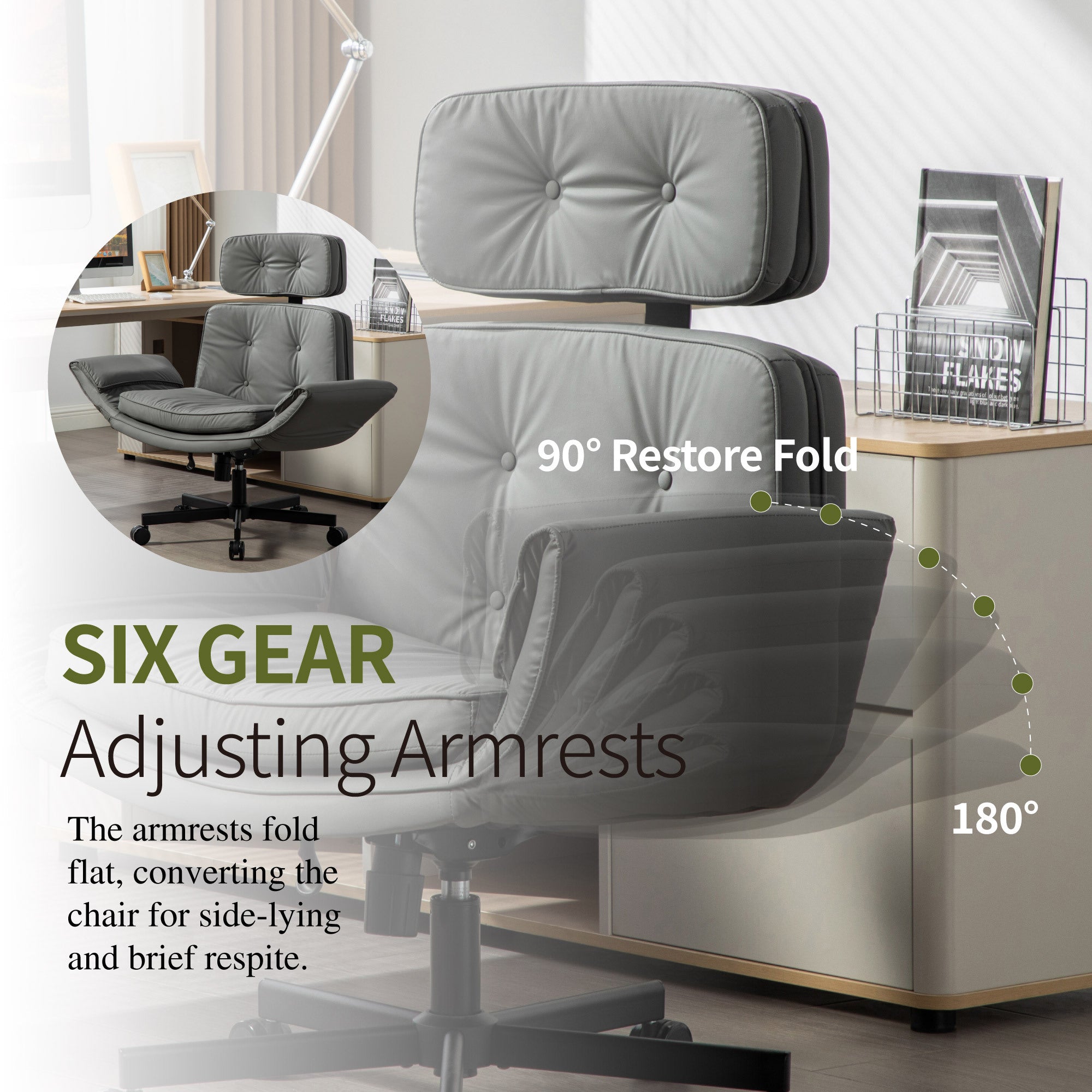Criss Cross Chair with Adjustable Armrests & Wheels & Headrest, PU Lounge Vanity Desk Chair with Wide Seat for Cross-Legged S