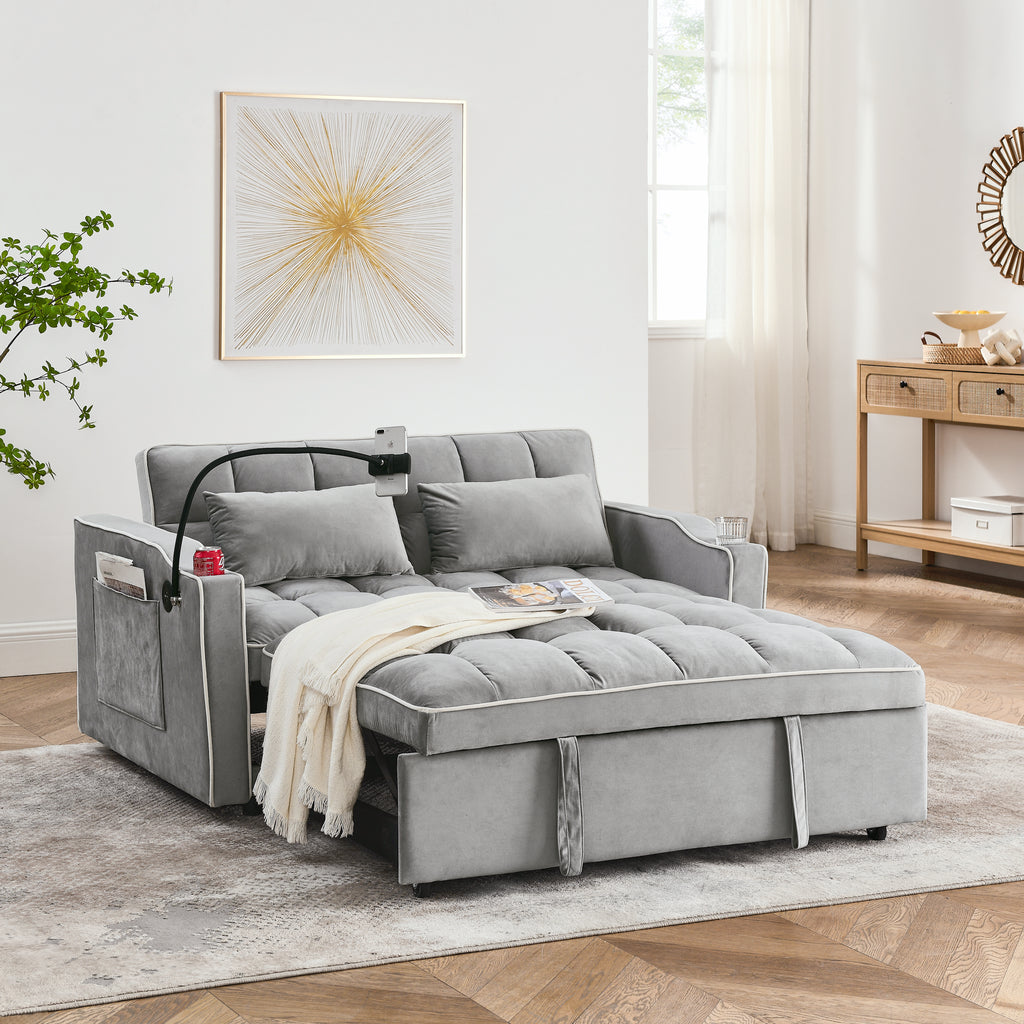 55.51 inch versatile foldable sofa bed in 3 lengths, modern sofa sofa sofa velvet pull-out bed, adjustable back and with USB port and ashtray and swivel phone stand (Grey) - Grand Goldman Shop