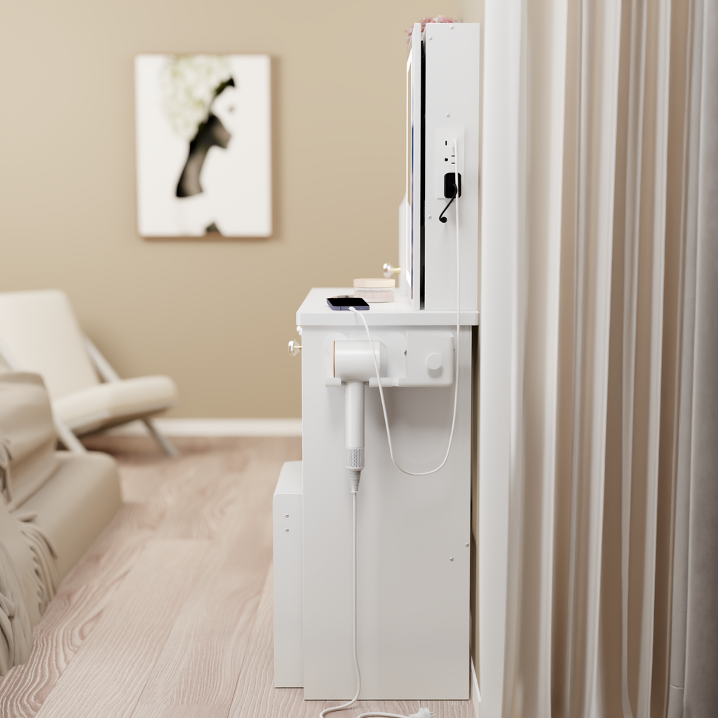 29.2' Small Size Left Drawer Desktop Vanity Table + Cushioned Stool, 2 AC+2 USB Power Station, Hair dryer bracket, Extra Large Touch Control Sliding LED Mirror, Tri-color Switching, Brightness Adjust - Grand Goldman Shop