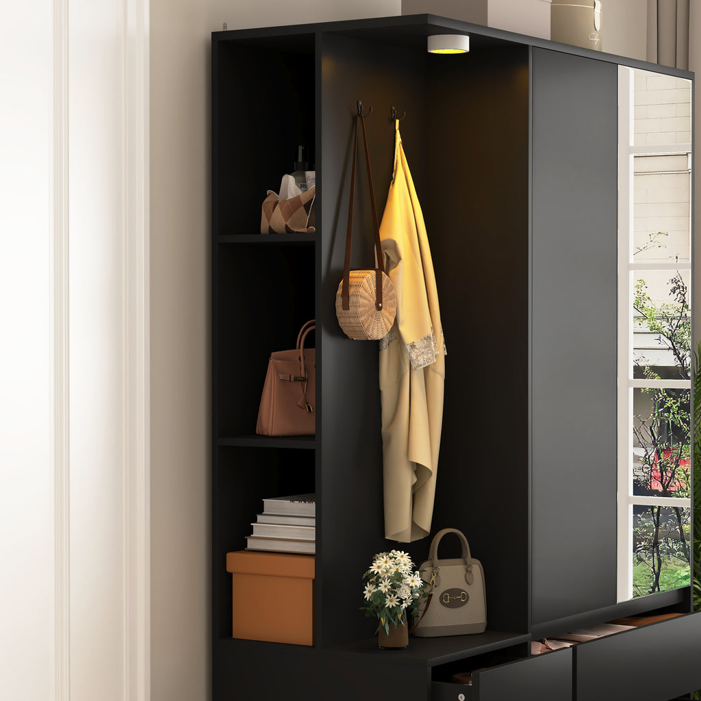Wardrobe Closet 71.7' H, Bedroom Wooden Wardrobe with 2 Doors 6 Drawers, Modern Clothing Storage Cabinet Combination with Storage Shelves and Hanging Rail, Black - Grand Goldman Shop