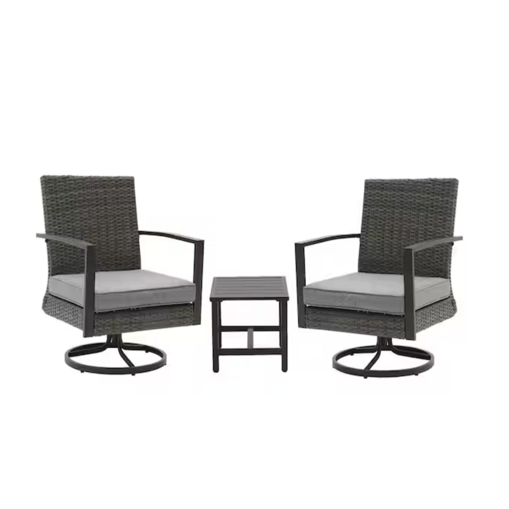 Gray Swivel Rocker Bistro Set with Side Table & Cushions - All-Weather PE Rattan, 3-Piece Patio Furniture for Porch, Balcony, Garden