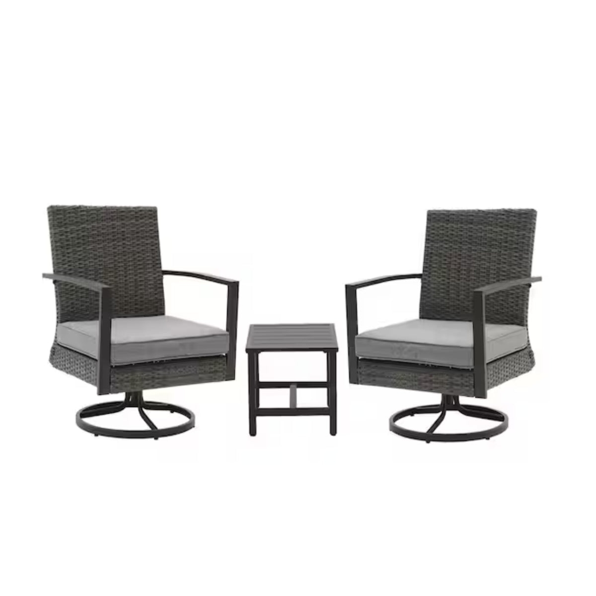 Gray Swivel Rocker Bistro Set with Side Table & Cushions - All-Weather PE Rattan, 3-Piece Patio Furniture for Porch, Balcony, Garden