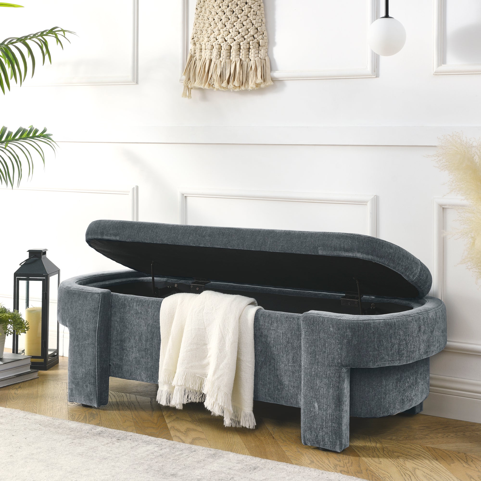 Chenille Upholstered Bench with Large Storage Space for the Living Room, Entryway and Bedroom,Grey,( 51.5''x20.5''x17'' ) - Grand Goldman Shop