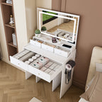 Modern White Vanity Desk with Large Mirror, Power Outlet & Hair Dryer Holder, Adjustable Lighting, 5 Drawers - Grand Goldman Shop