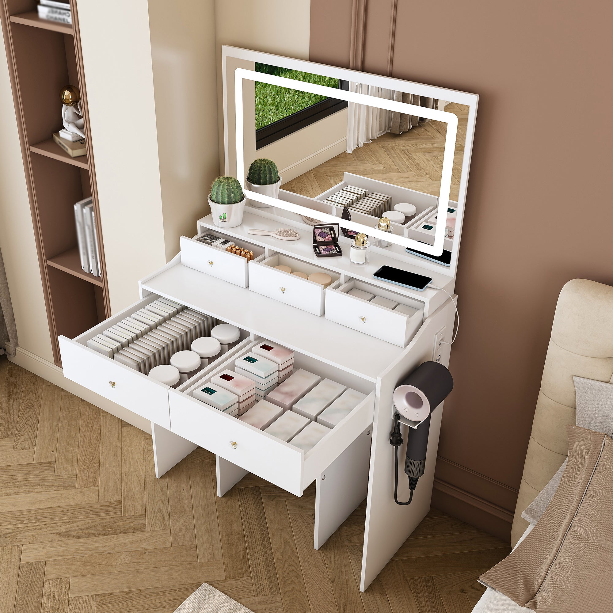 Modern White Vanity Desk with Large Mirror, Power Outlet & Hair Dryer Holder, Adjustable Lighting, 5 Drawers - Grand Goldman Shop