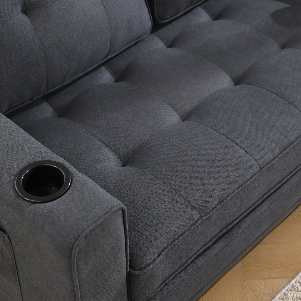 {VIDEO Provided}3-in-1 Upholstered Futon Sofa Convertible Sofa bed,Foldable Tufted Loveseat with Pull Out Sleeper Couch Bed,Folding Mattres Love Seat Daybed W/Side Pockets and Cup Holder, Dark Gray - Grand Goldman Shop