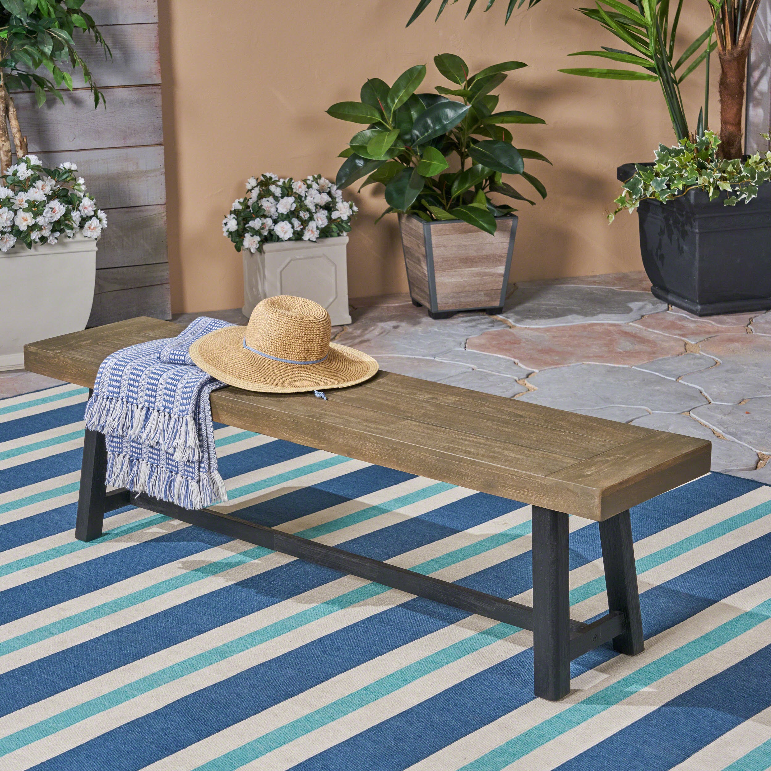 Cloud Outdoor Bench with Acacia Wood Frame and Slat Panel Design, Sandblast Grey and Black - Grand Goldman Shop
