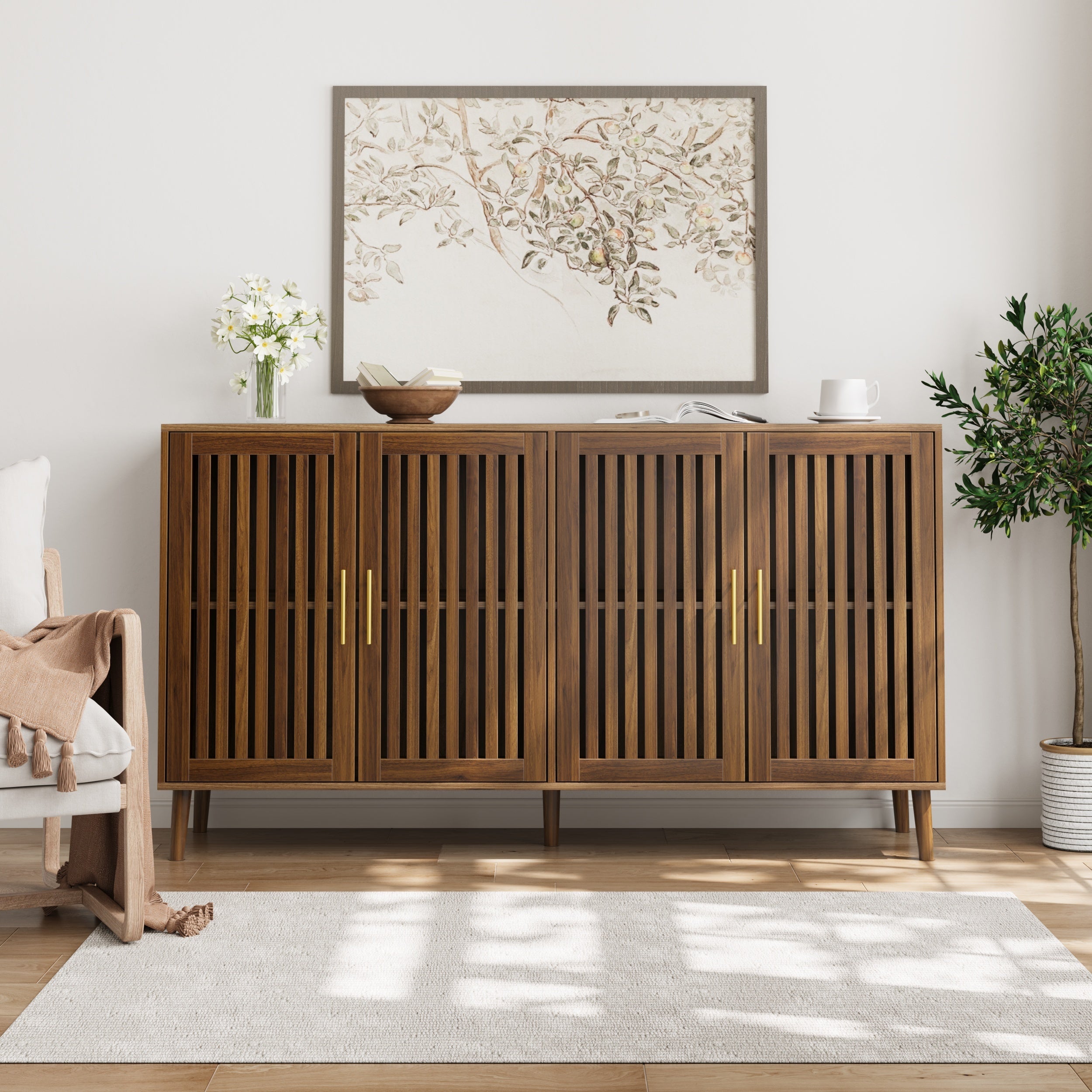 63 inch Grille-Striped Walnut Sideboard Buffet Cabinet with Storage, Multifunctional Accent for Dining Room, Living Room - Grand Goldman Shop