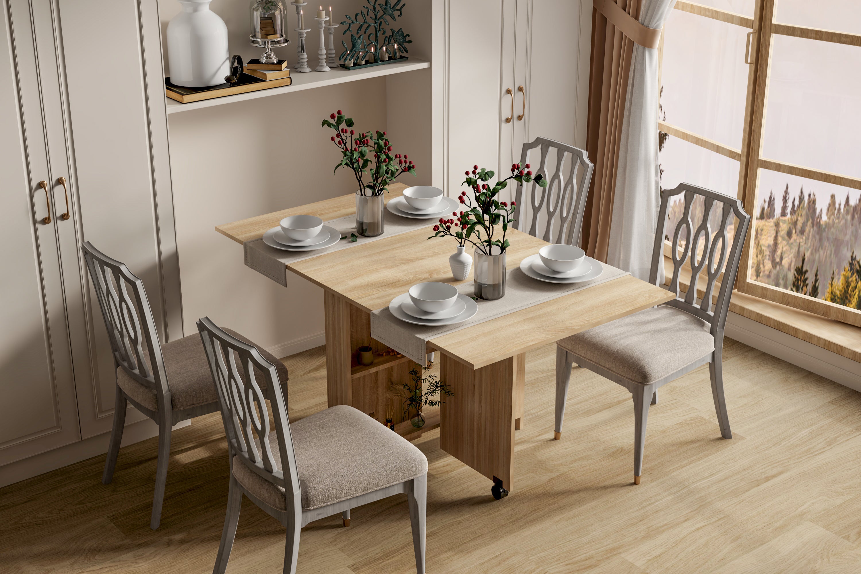 DFW Folding Dining Table, Versatile Dinner Table with 2 Wheels and 2 Storage Racks, Space Saving Dining Room Table, Folding Kitchen Table, Pear Wood Color - Grand Goldman Shop