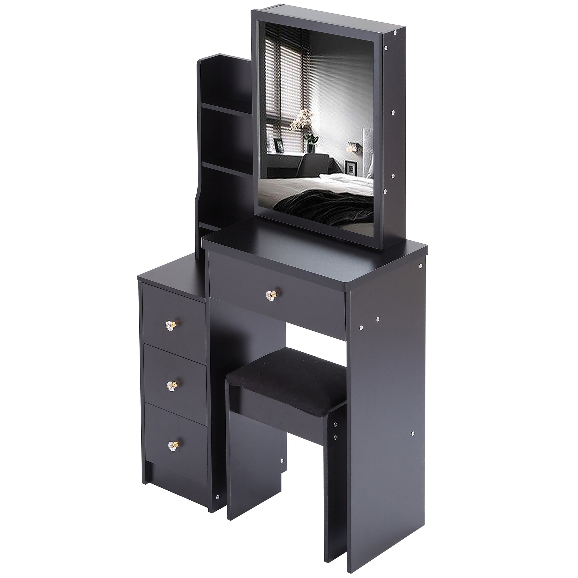 29.2' Small Space Left Bedside Cabinet Vanity Table + Cushioned Stool, Extra Large Right sliding mirror, Multi Layer High Capacity Storage, Practical Fashionable Dresser, Suitable For Small Space - Grand Goldman Shop