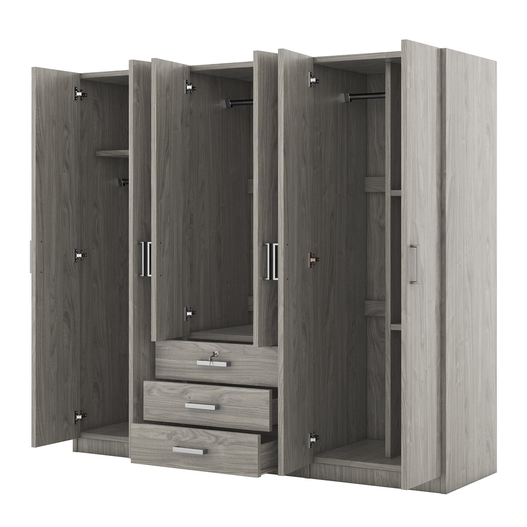 6-Doors Wooden Wardrobe Storage for Bedroom, with Big Drawers, Gray - Grand Goldman Shop