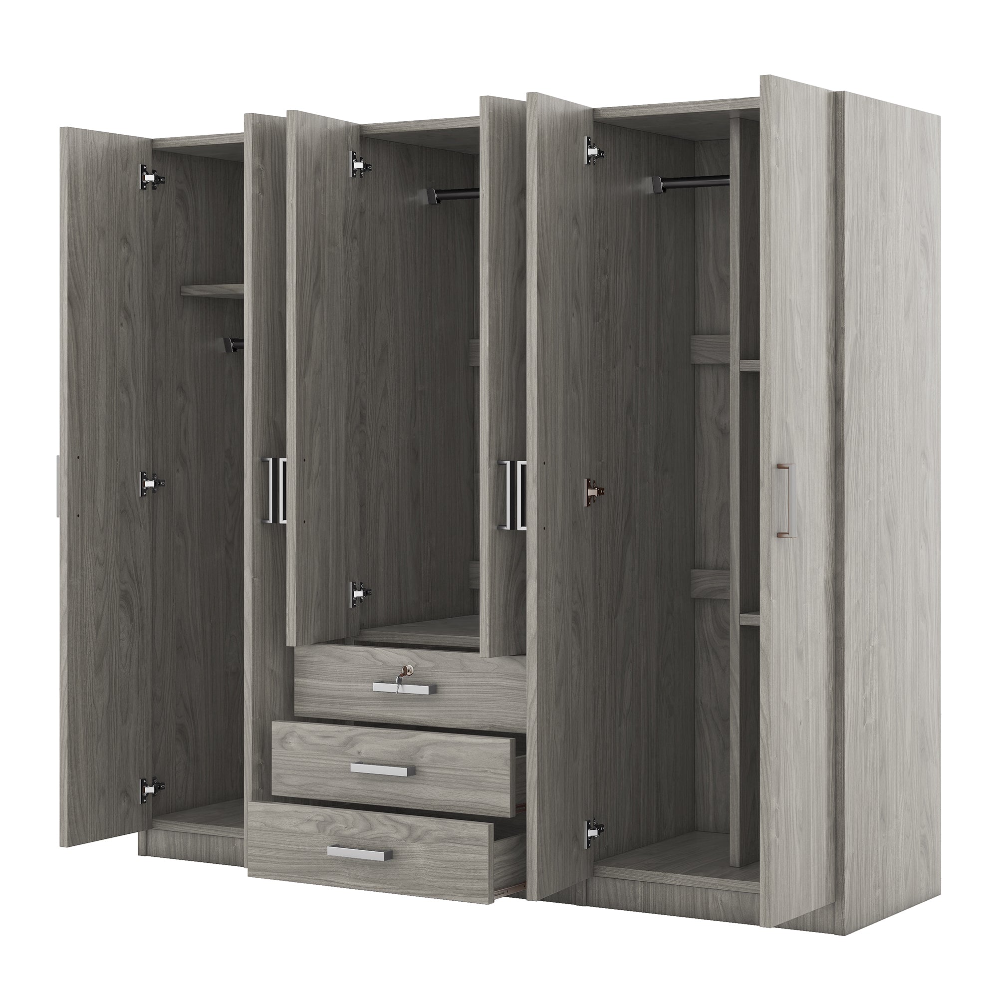 6-Doors Wooden Wardrobe Storage for Bedroom, with Big Drawers, Gray - Grand Goldman Shop