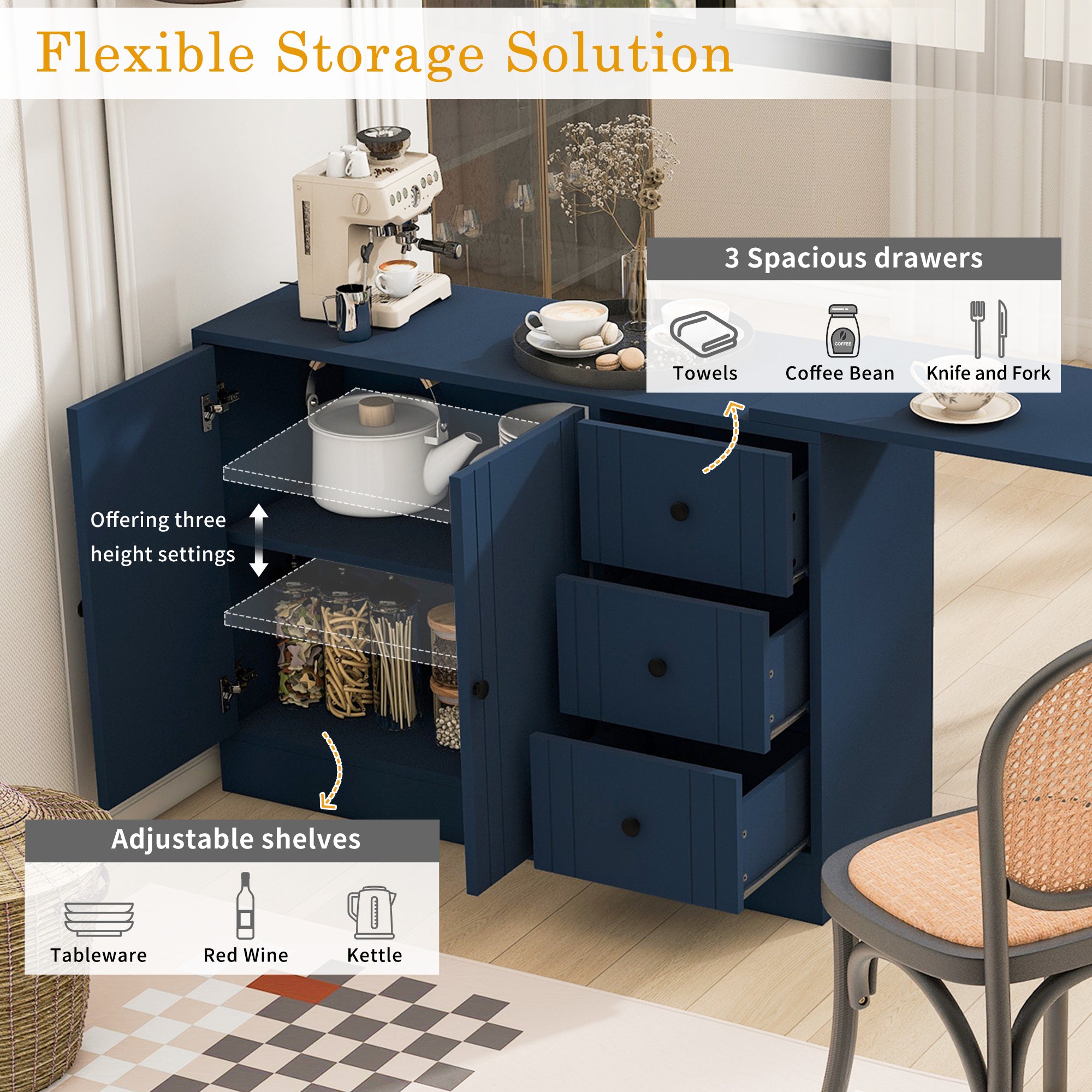 U_STYLE 89.7''Wooden Sideboard with Extendable Table,Multifunctional Storage Cabinet with 2 Doors and 3 Drawers,for Living Room,Study,Foyer and Kitchen - Grand Goldman Shop