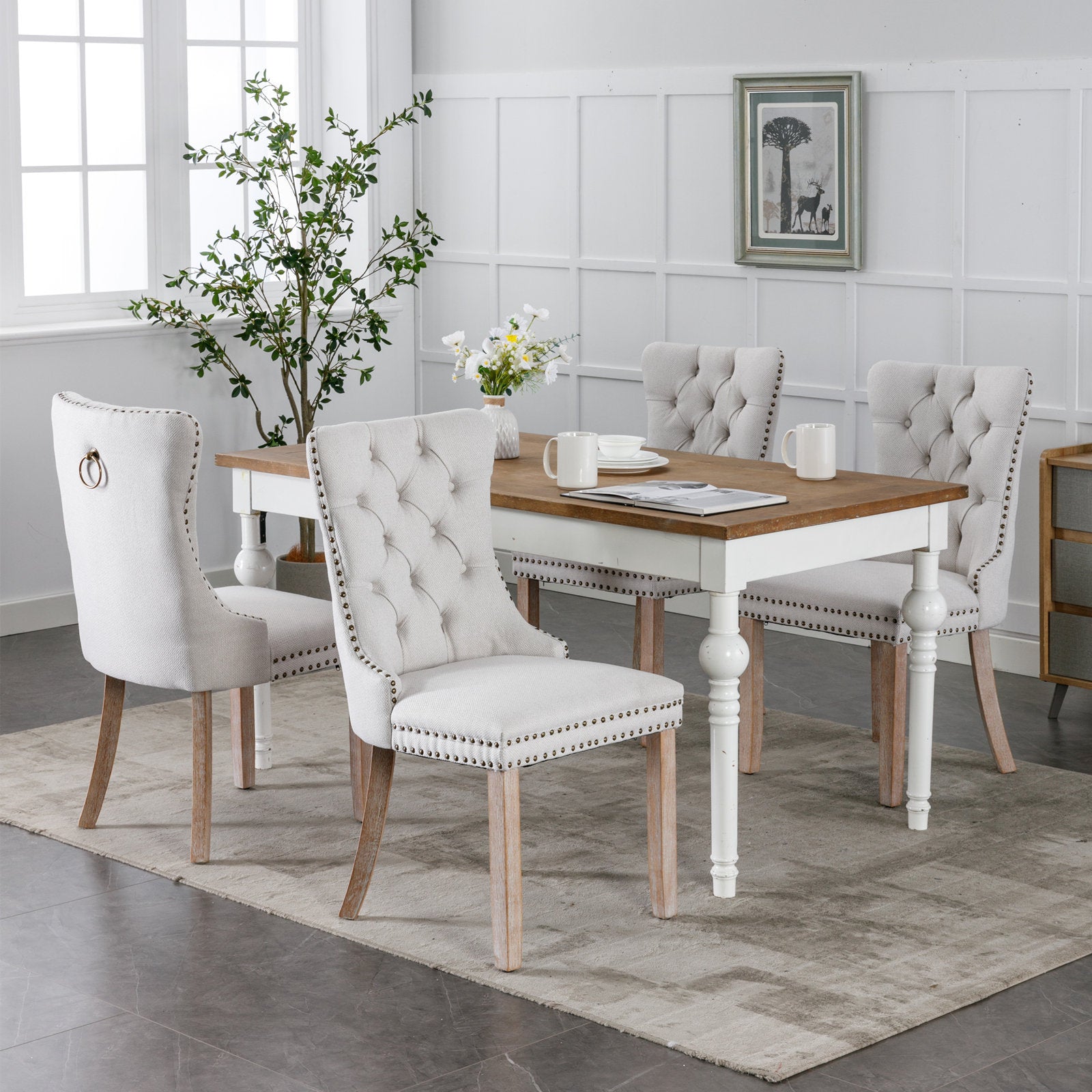 Nikki Collection Modern, High-end Tufted Solid Wood Contemporary Flax Upholstered Dining Chair with Wood Legs Nailhead Trim 2-Pcs Set,Gray, SW6801BG - Grand Goldman Shop