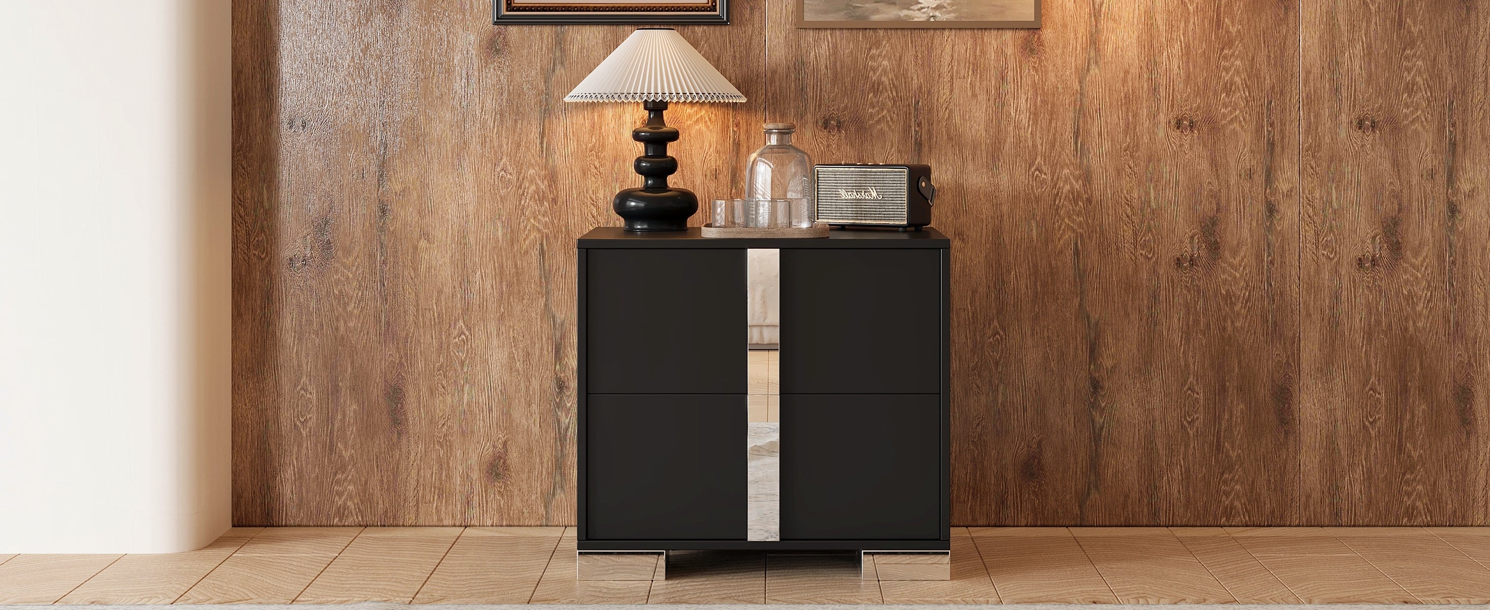 Elegant Nightstand with Metal Foot, Mirrored Bedside Table with 2 Drawers for Bedroom, Living Room, Black - Grand Goldman Shop