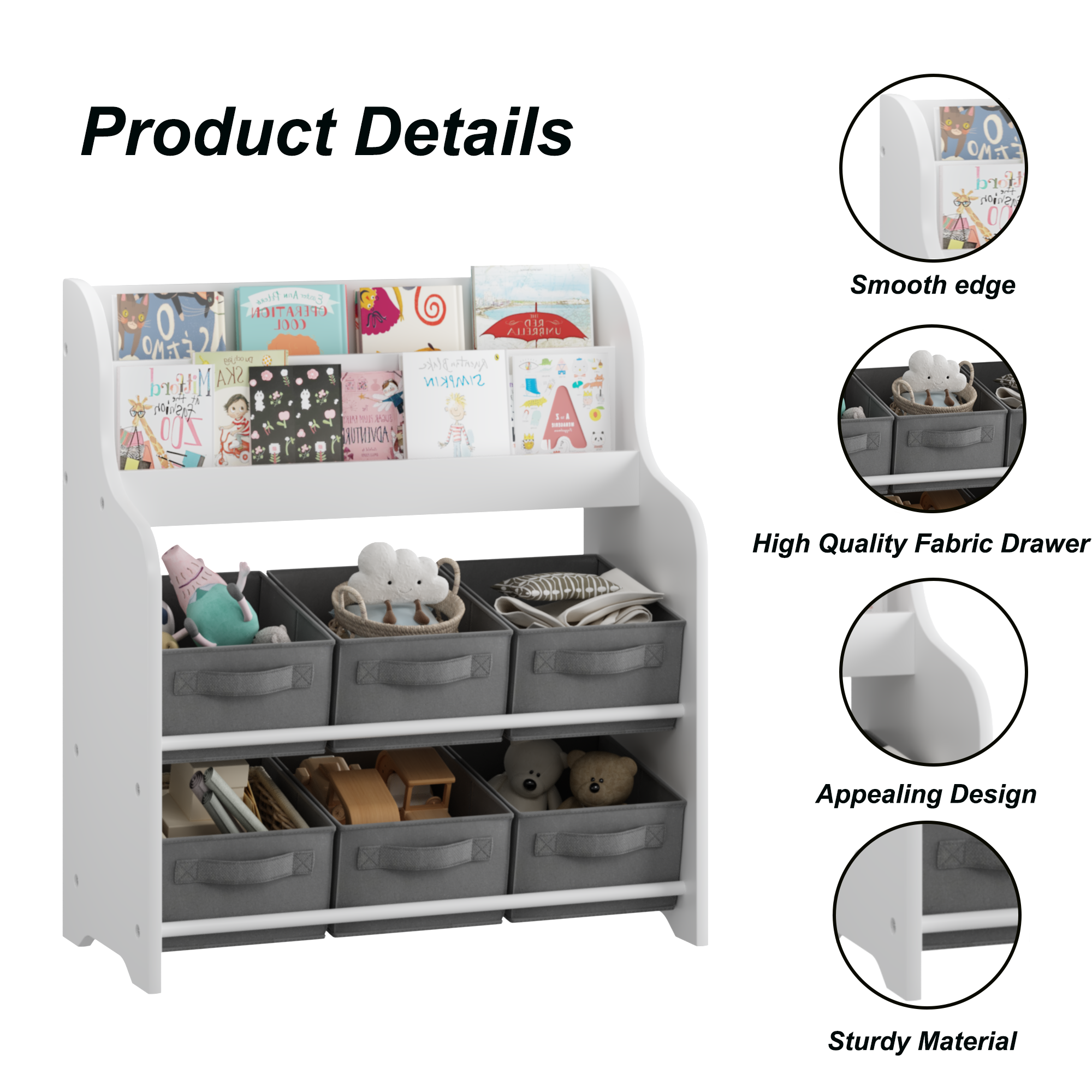 Kids Bookshelf with 6 Fabric Storage Bins, Multi-Functional Children's Bookcase and Toy Organizer, Front-Facing Display Shelf