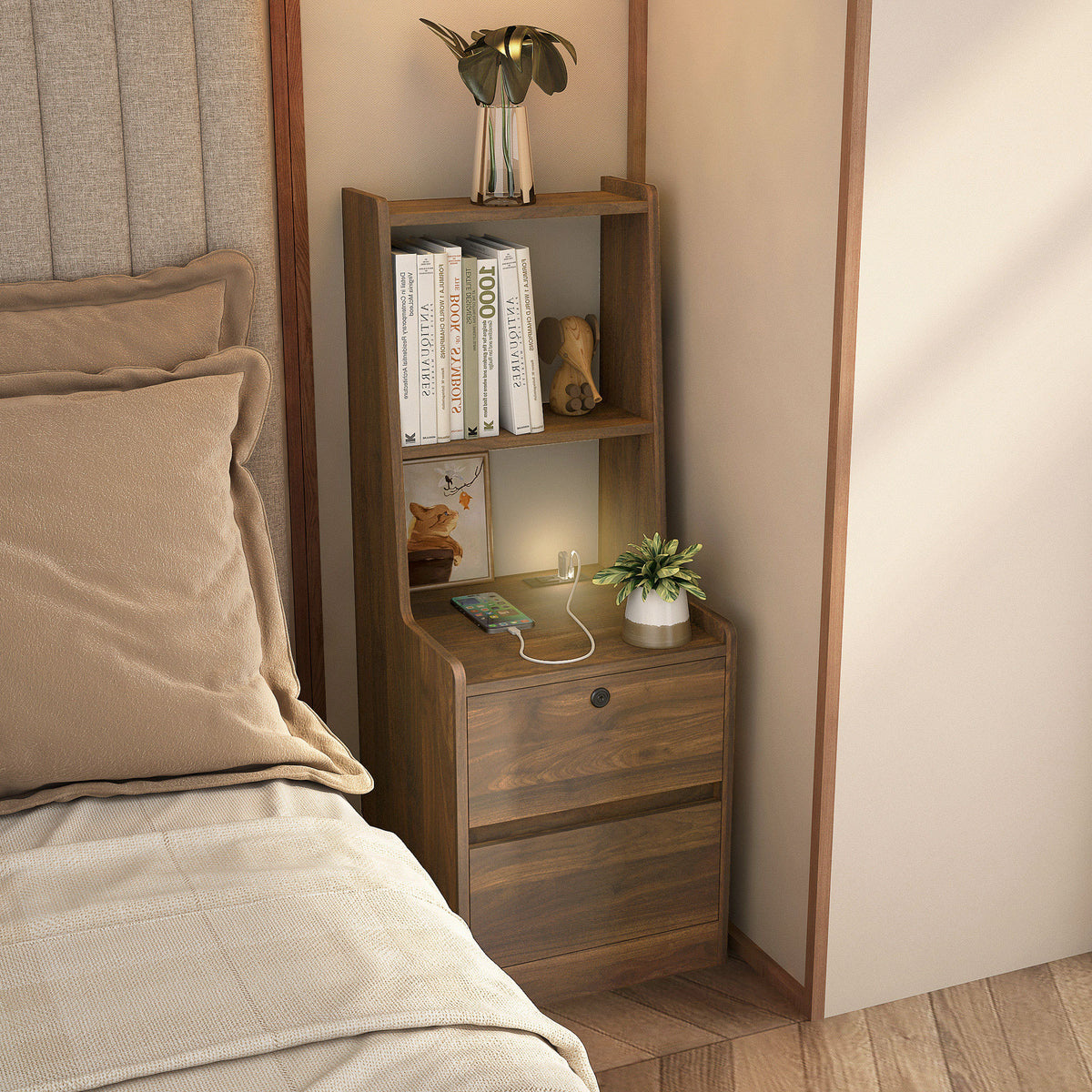 Nightstand with Charging Station, Smart Nightstand with Night Light, Modern Night Stand with Bookshelf, Bedside Tables with Storage Cabinet for Bedroom, Wood - Grand Goldman Shop