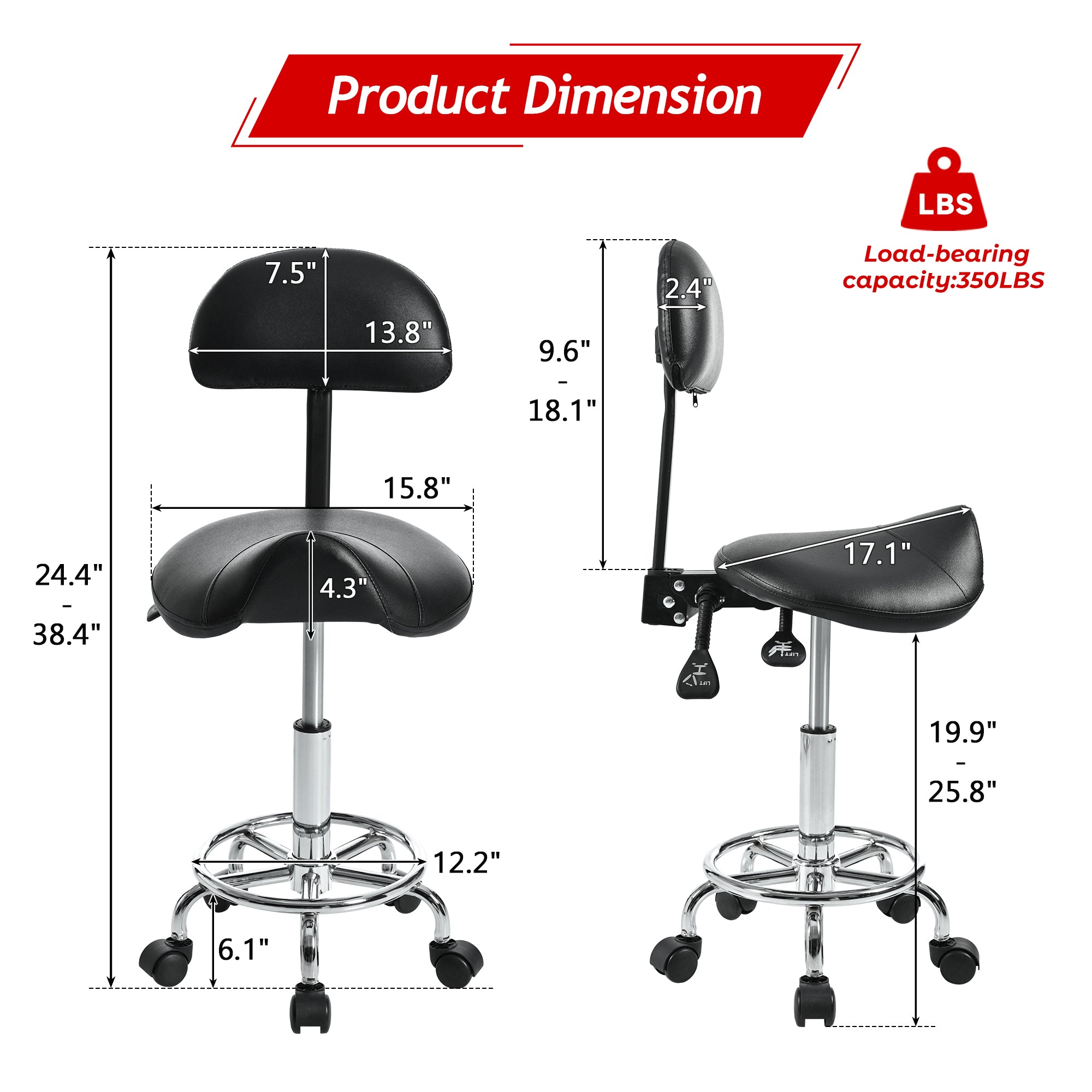 Saddle Stool with Back Support, Rolling Stools with Foot Rest, Ergonomic Adjustable Stool with Wheels, Backrest Adjustable Height & Angle for Salon Spa Tattoo Massage Swivel Stool Chair.(N753P243053B) - Grand Goldman Shop