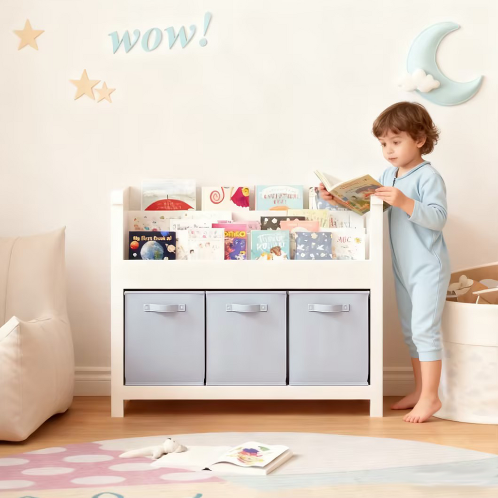 Kids Bookshelf with 3 Tier Front-Facing Storage and 3 Fabric Bins, Wooden Toddler Bookcase for Playroom, Nursery, Bedroom – K