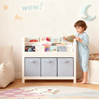 Kids Bookshelf with 3 Tier Front-Facing Storage and 3 Fabric Bins, Wooden Toddler Bookcase for Playroom, Nursery, Bedroom – K