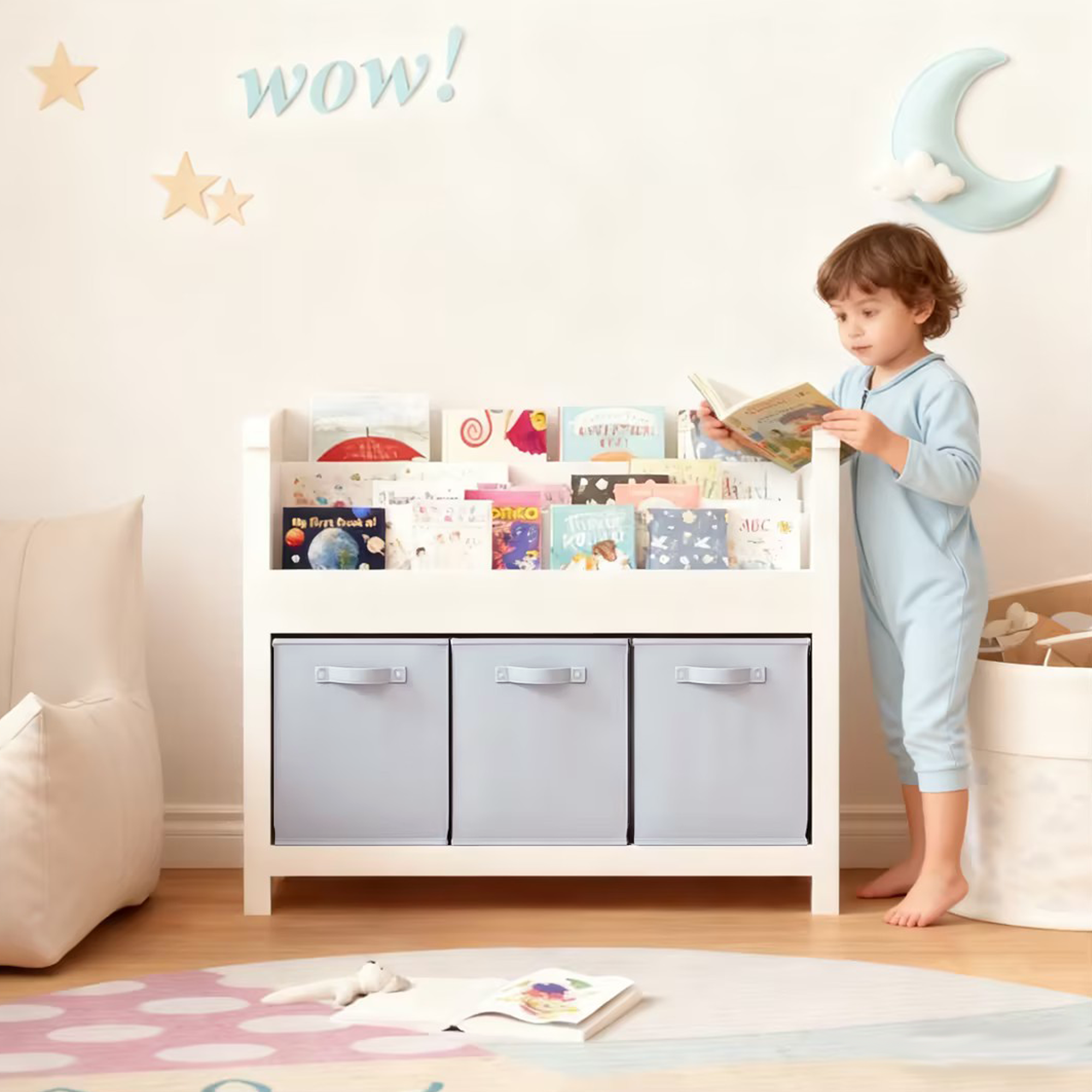 Kids Bookshelf with 3 Tier Front-Facing Storage and 3 Fabric Bins, Wooden Toddler Bookcase for Playroom, Nursery, Bedroom – K