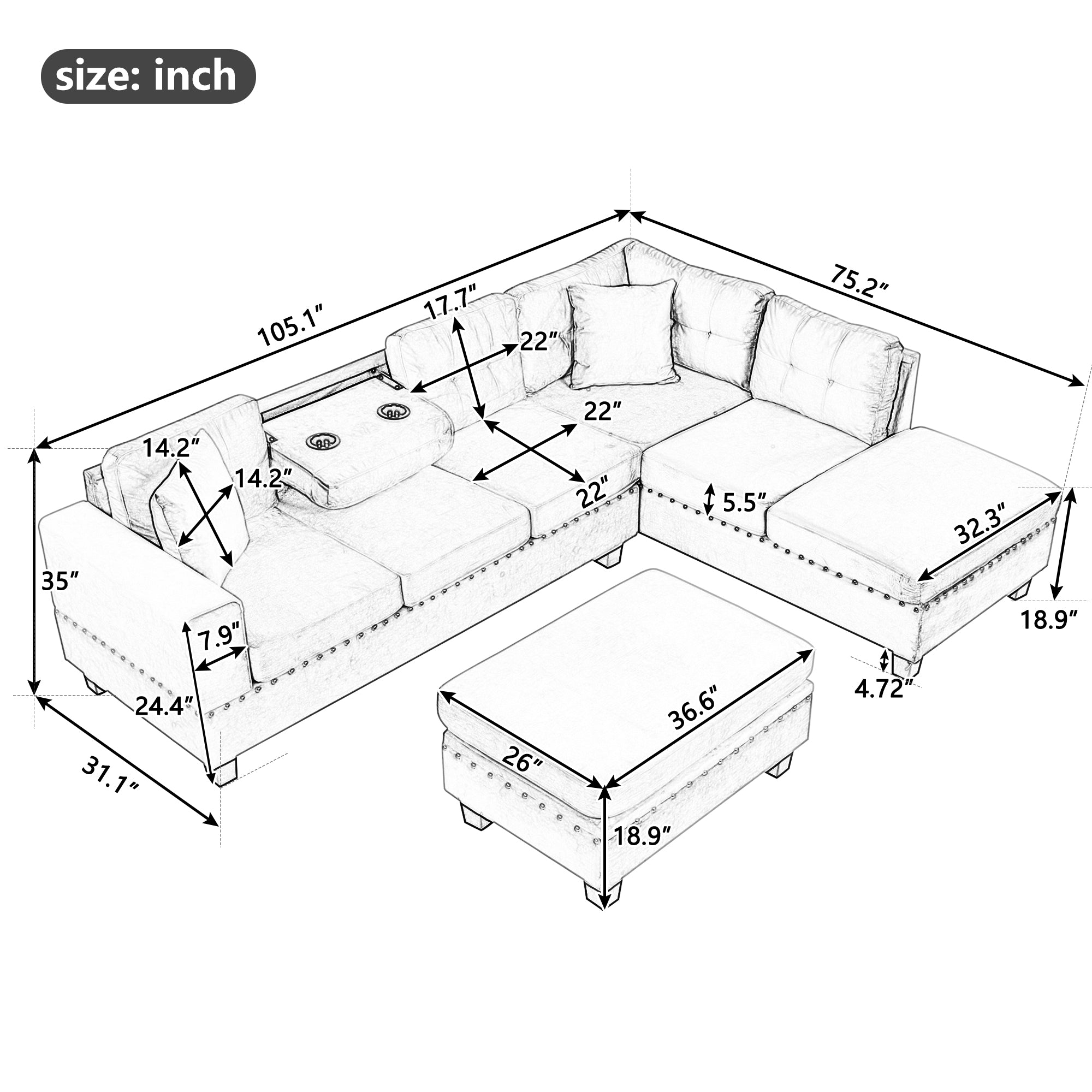 Modern Sectional Sofa with Storage Ottoman, L-Shape Couch with 2 Pillows and Cup Holders, Black Velvet, 105' - Grand Goldman Shop
