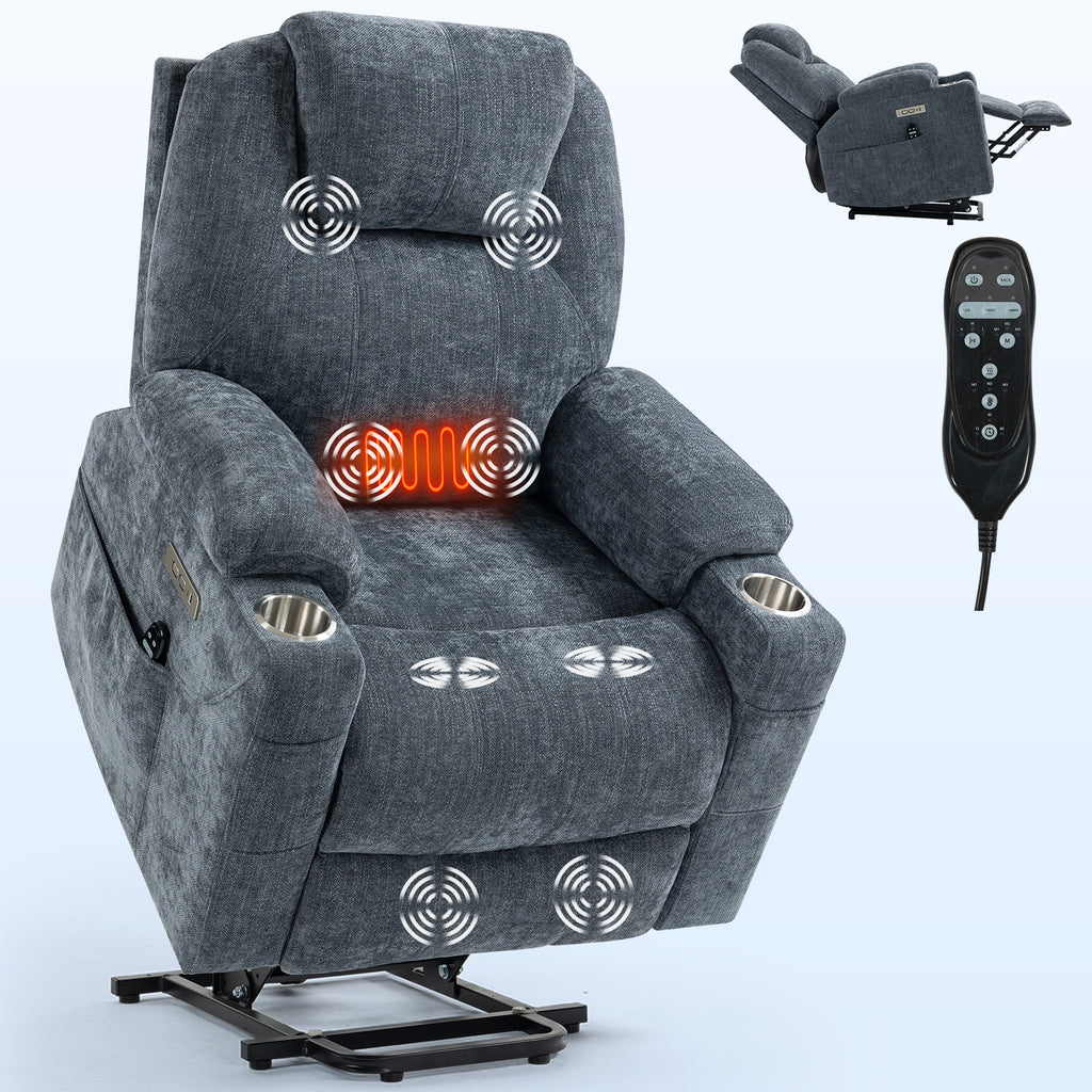 Up to 350 LBS Chenille Power Lift Recliner Chair, Heavy Duty Motion Mechanism with 8-Point Vibration Massage and Lumbar Heating, USB and Type-C Ports, Stainless Steel Cup Holders, Blue - Grand Goldman Shop