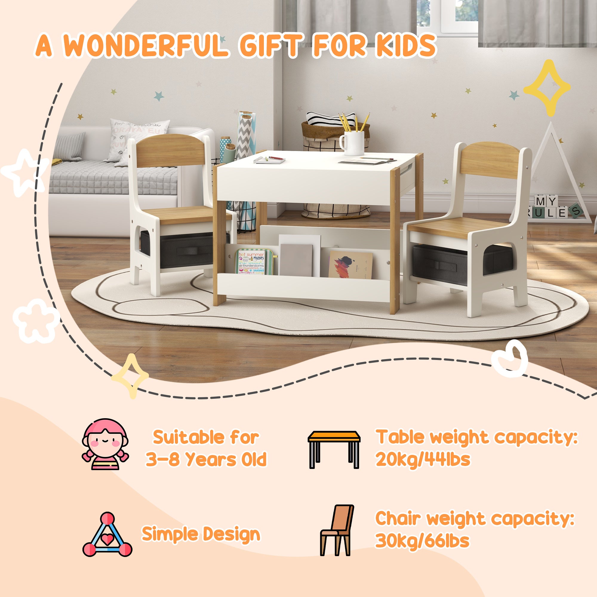 Qaba 3 Piece Kids Table and Chair Set, 2 in 1 Toddler Table and Chair Set with Reversible Tabletop Blackboard, Storage & Book