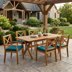 7 Pieces Acacia Wood Outdoor Dining Set with Blue Cushions,Modern 6 Chairs  1 Large Table,Dining Furniture Set for Lawn, Backyard, Garden Deck,Poolside,Teak