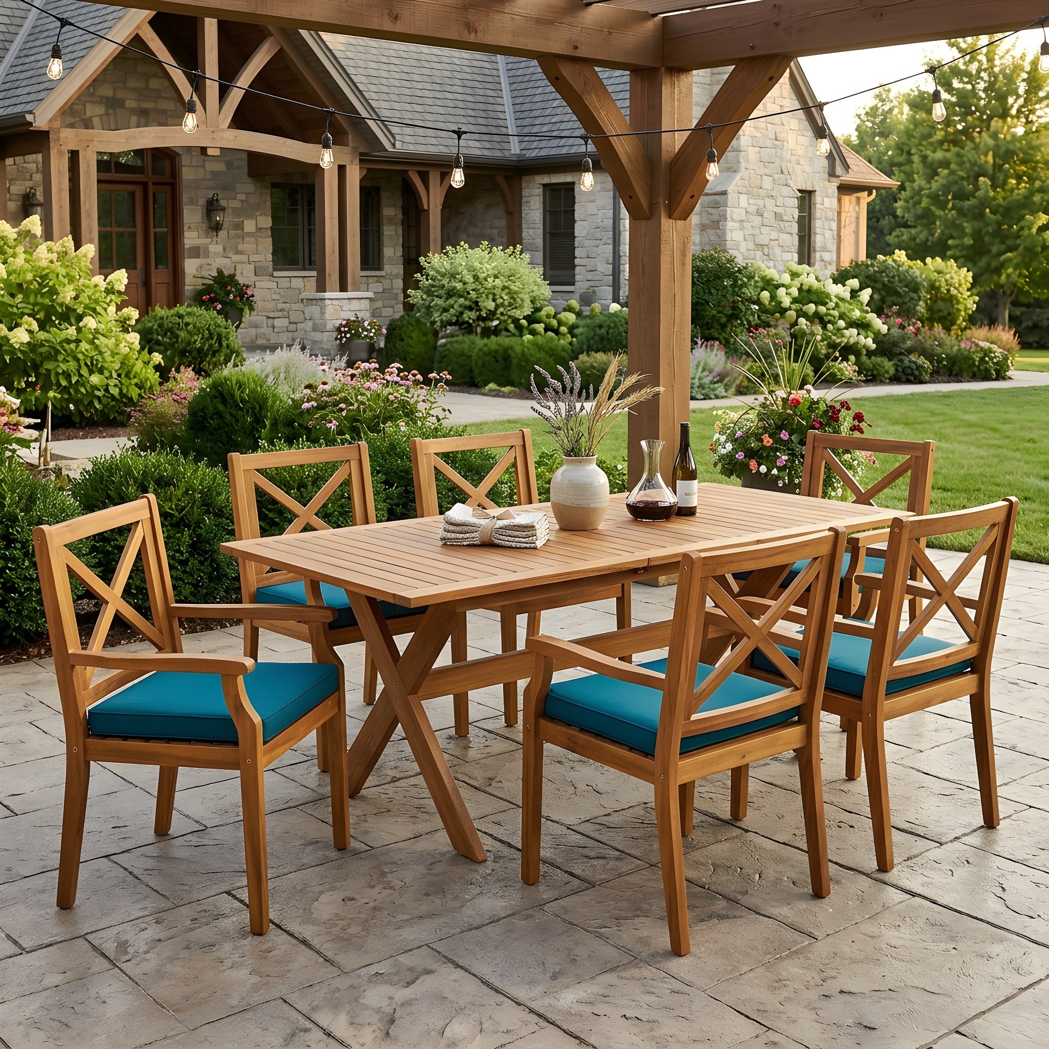 7 Pieces Acacia Wood Outdoor Dining Set with Blue Cushions,Modern 6 Chairs  1 Large Table,Dining Furniture Set for Lawn, Backyard, Garden Deck,Poolside,Teak