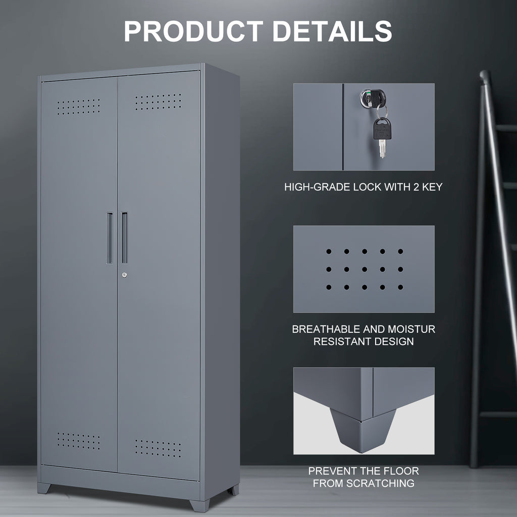 Gray And White Color Metal Lockers, Cleaning Tool Cabinets With Locking Doors, High Broom Tool Storage Cabinets, Adjustable S