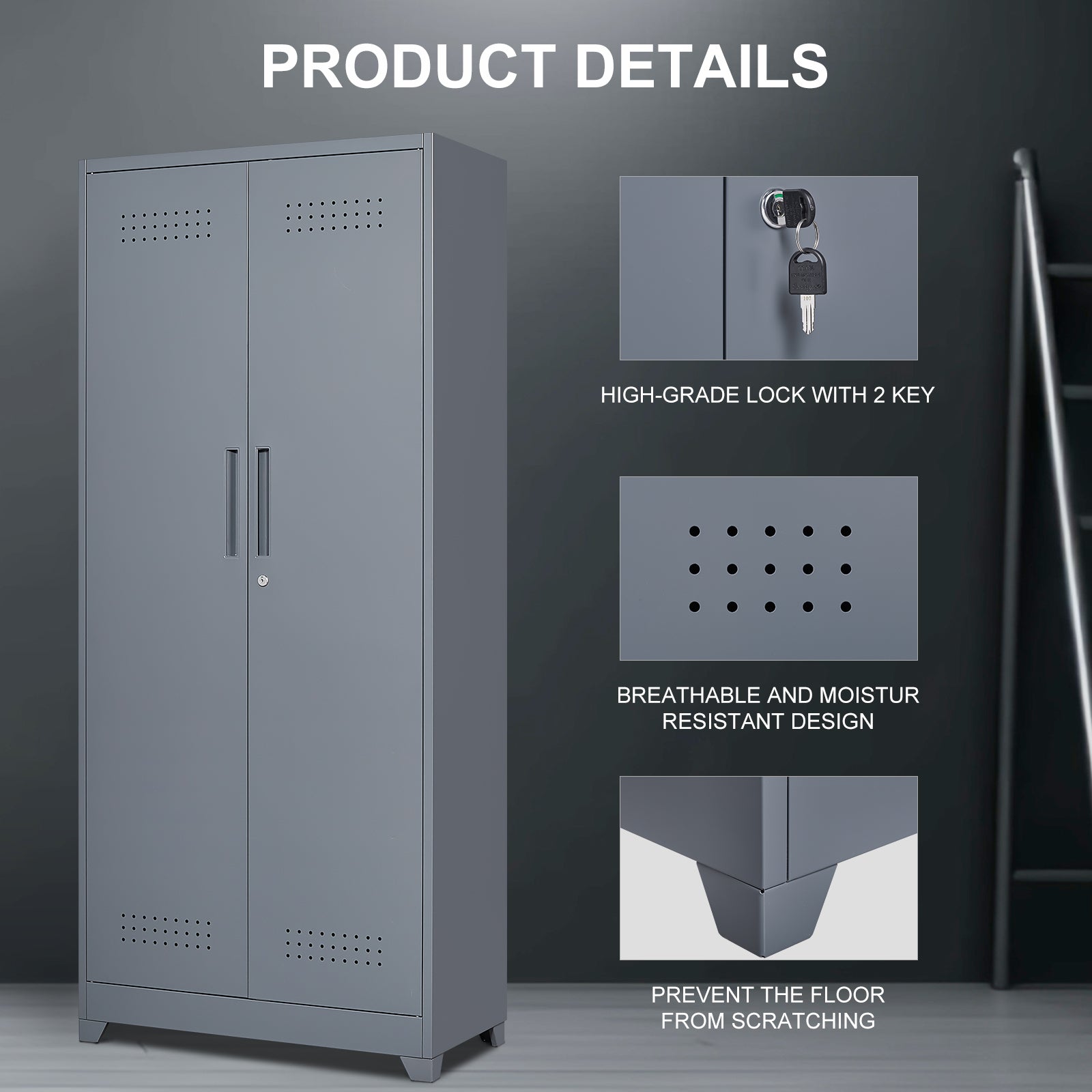 Gray And White Color Metal Lockers, Cleaning Tool Cabinets With Locking Doors, High Broom Tool Storage Cabinets, Adjustable S
