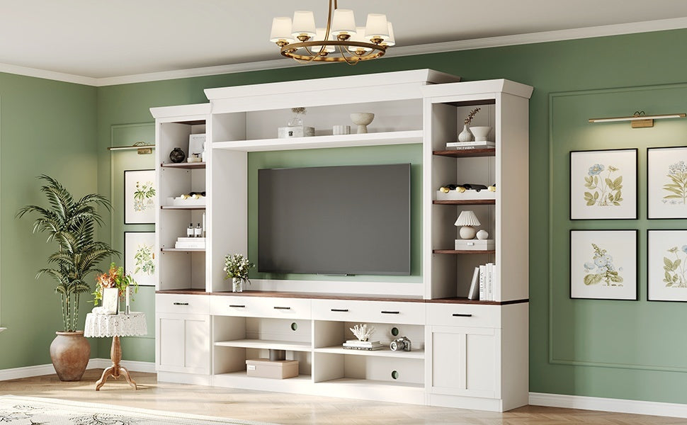 Farmhouse Entertainment Wall Unit with Bookshelf for TVs Up to 70', Walnut TV Stand with Adjustable Shelves, Mid-Century Media Console with Wine Rack for Living Room, White (NEW SKU: N721S000046K-2) - Grand Goldman Shop
