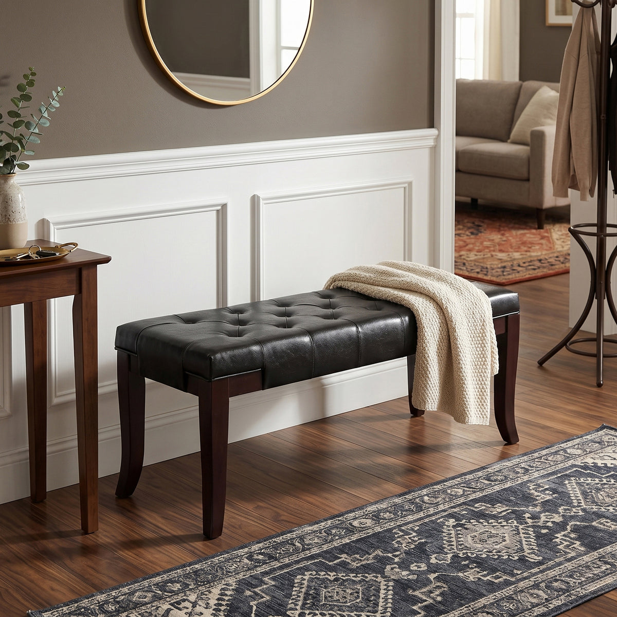 Linon Tufted Bench, Faux Leather, Espresso - Grand Goldman Shop