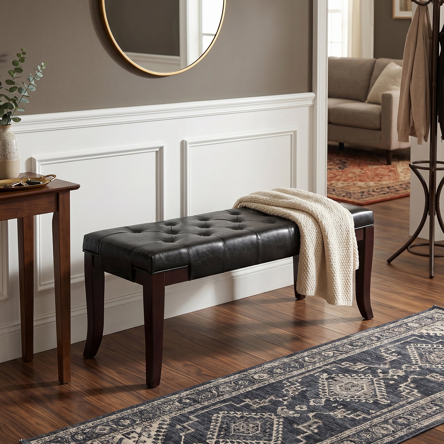 Linon Tufted Bench, Faux Leather, Espresso - Grand Goldman Shop