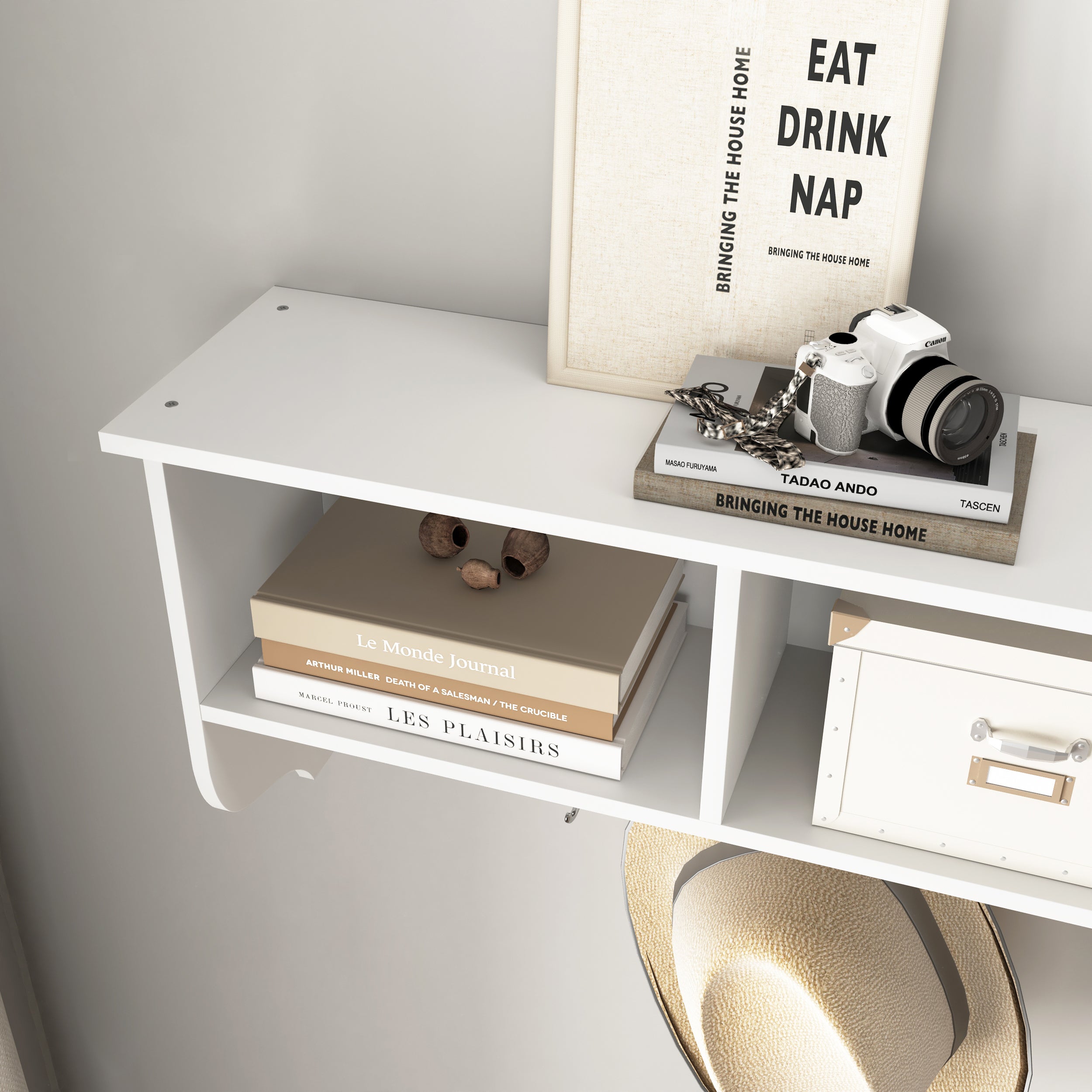 White Entryway Wall Mounted Coat Rack with 4 Dual Hooks Living Room Wooden Storage Shelf - Grand Goldman Shop