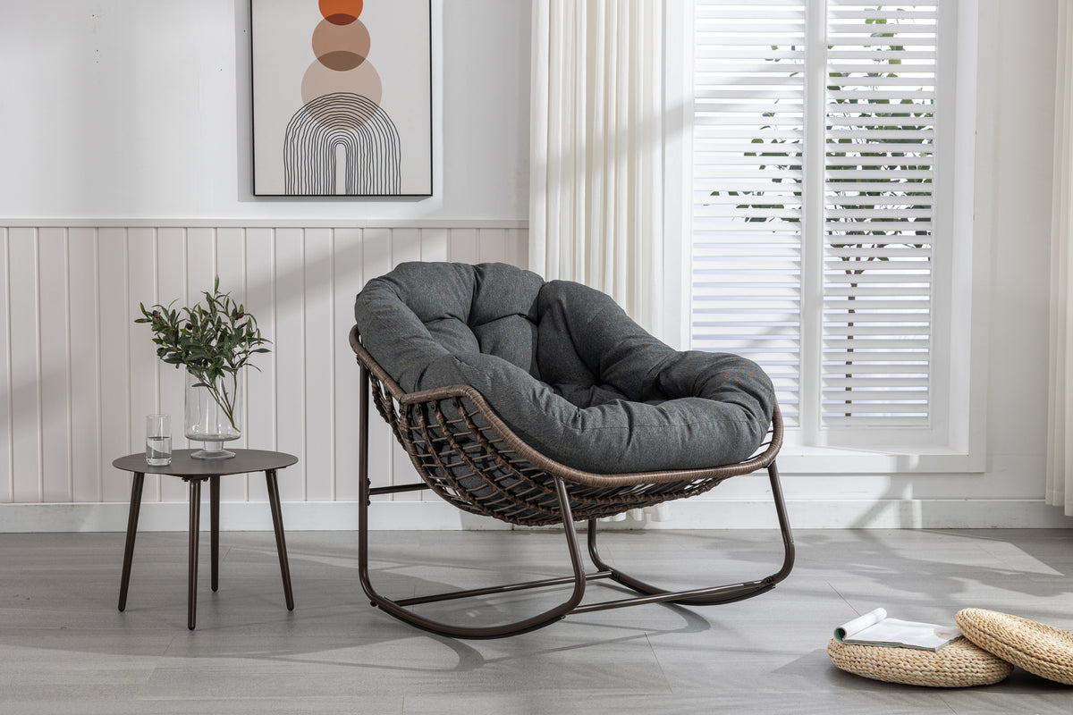 Outdoor Rattan Rocking Chair,Padded Cushion Rocker Recliner Chair Outdoor for Front Porch, Living Room, Patio, Garden, Grey - Grand Goldman Shop