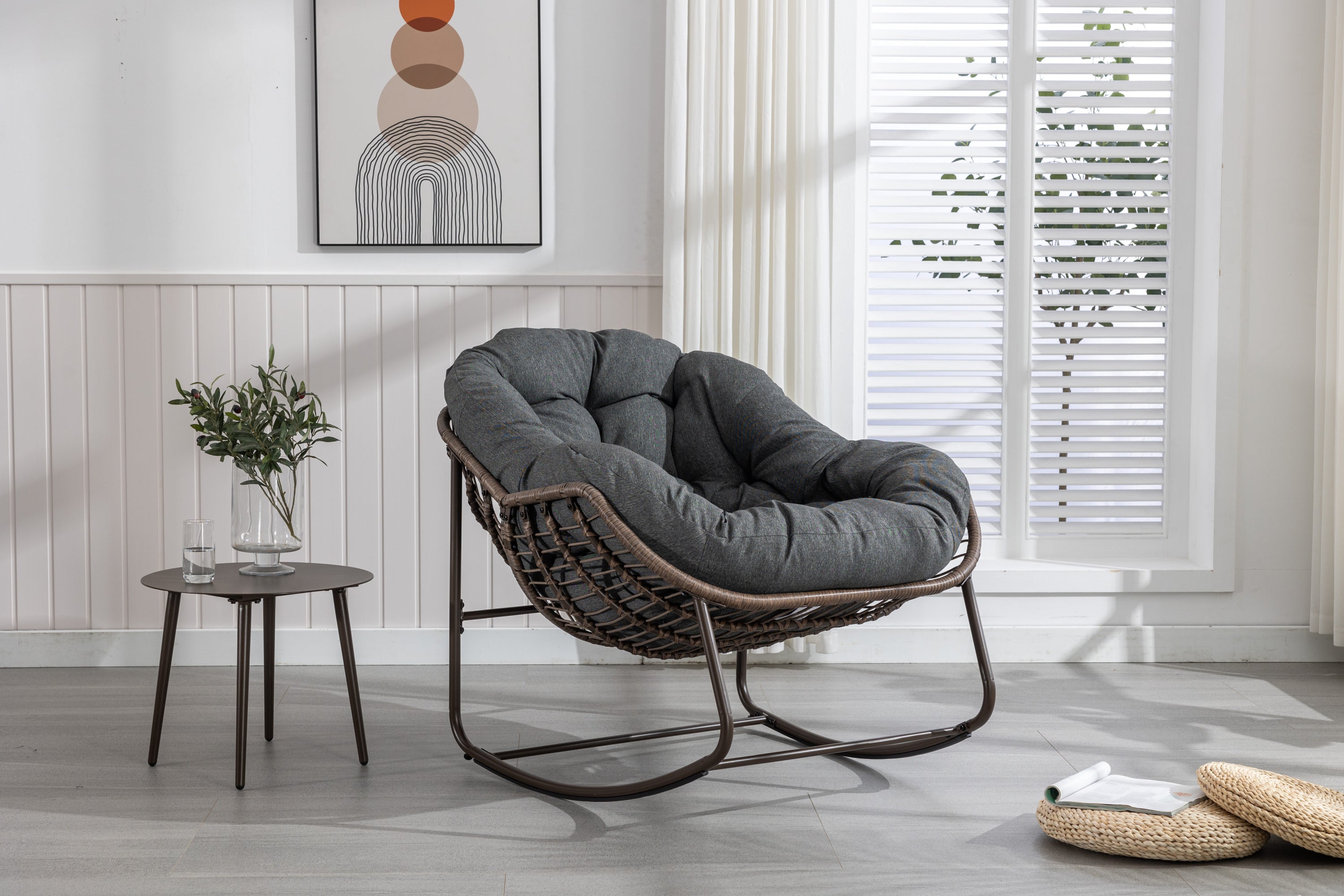 Outdoor Rattan Rocking Chair,Padded Cushion Rocker Recliner Chair Outdoor for Front Porch, Living Room, Patio, Garden, Grey - Grand Goldman Shop