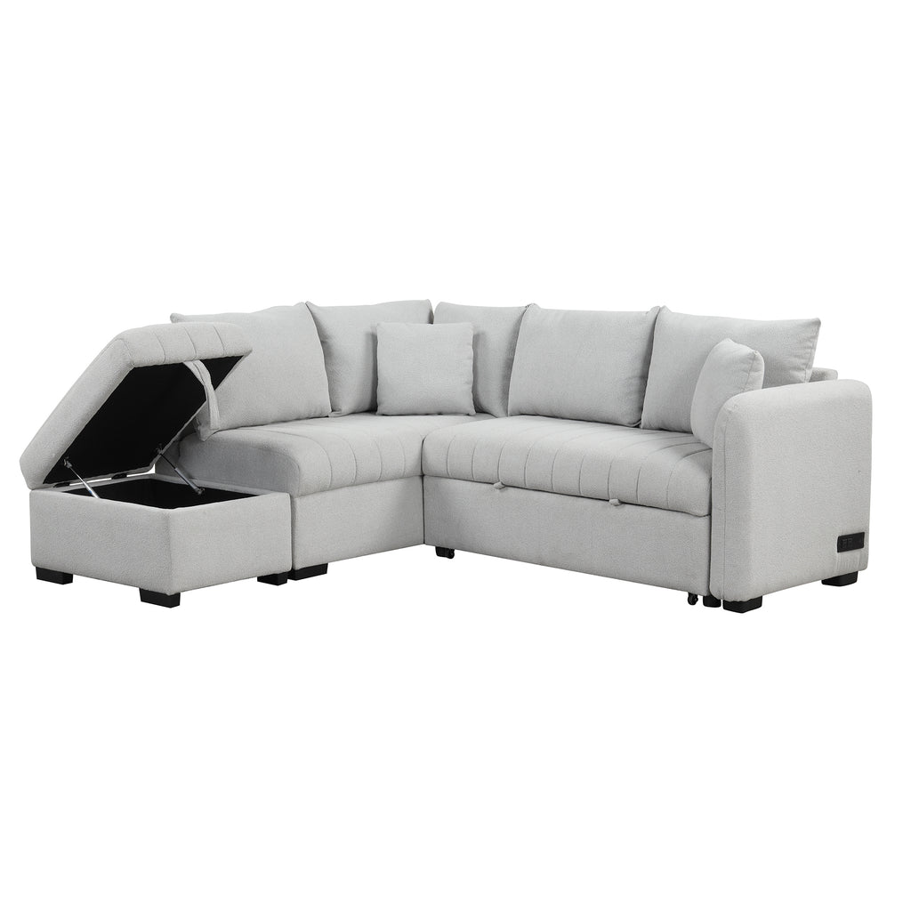 Modern L-shaped Sectional Pull Out Sofa Bed with USB Ports & Storage Ottoman, Gray Jacquard Fabric, 82.6' - Grand Goldman Shop