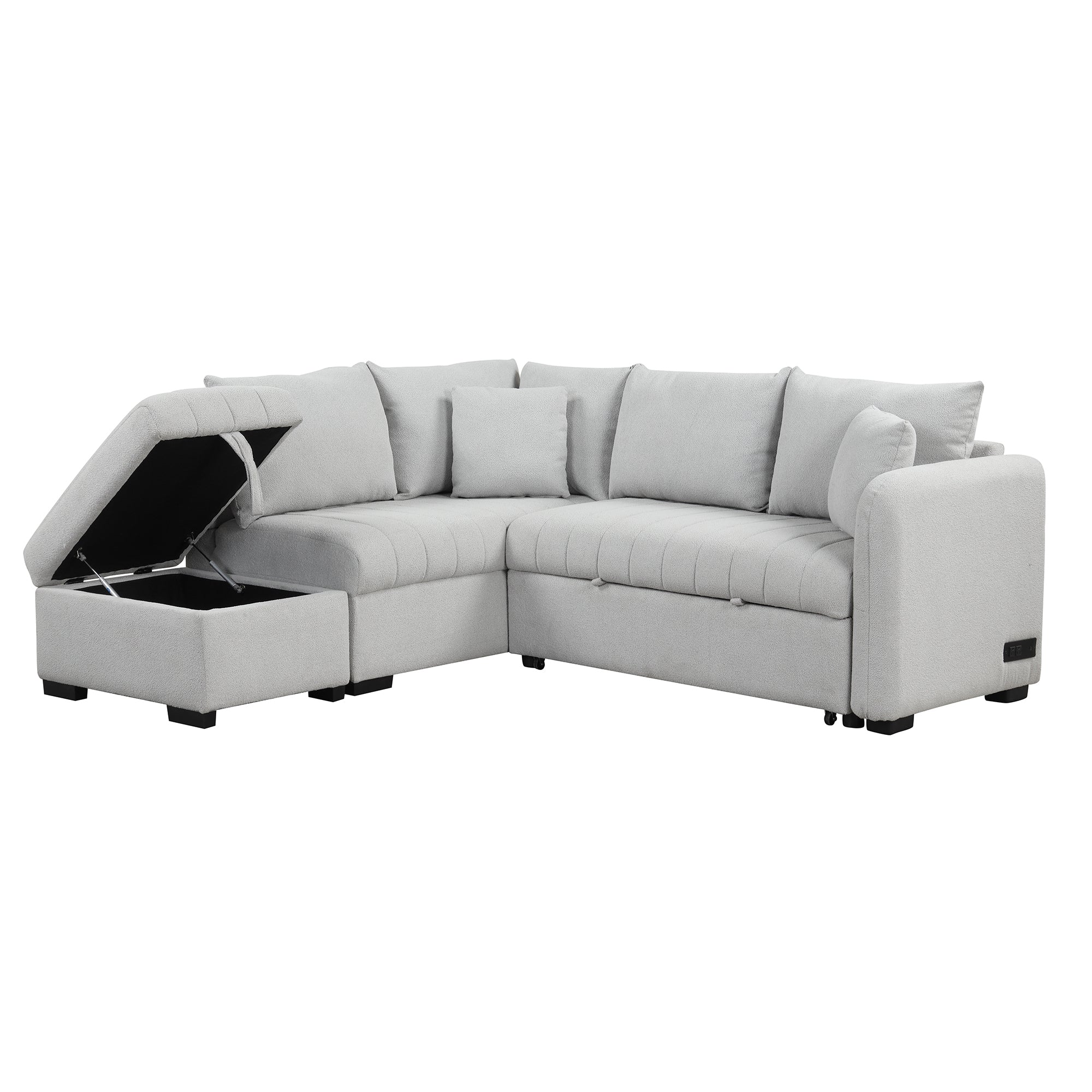 Modern L-shaped Sectional Pull Out Sofa Bed with USB Ports & Storage Ottoman, Gray Jacquard Fabric, 82.6' - Grand Goldman Shop